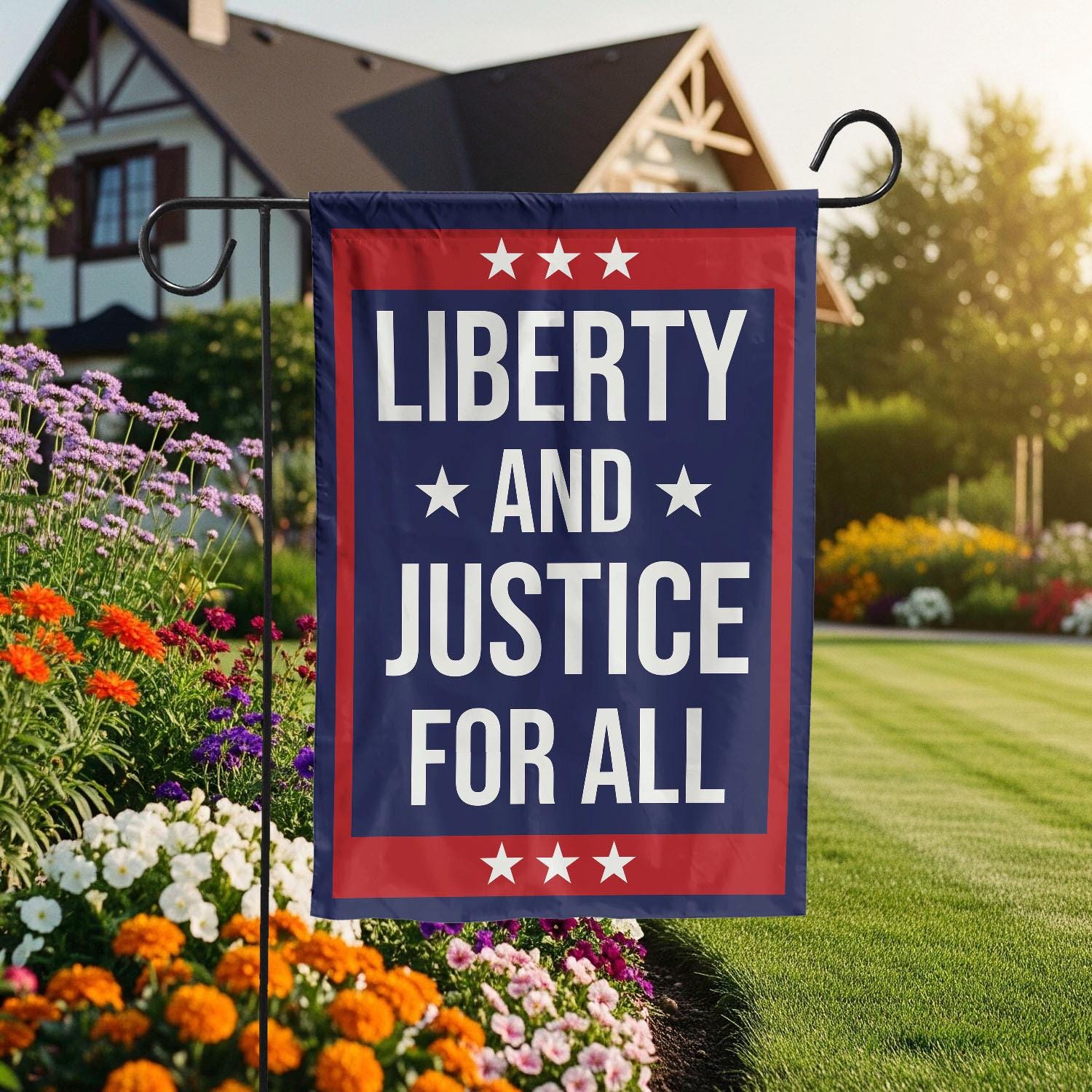 Liberty and Justice for All Garden Flag, Patriotic Outdoor Yard Decor, 4th of July House Banner, Red White Blue USA Pride Sign, Liberty Flag