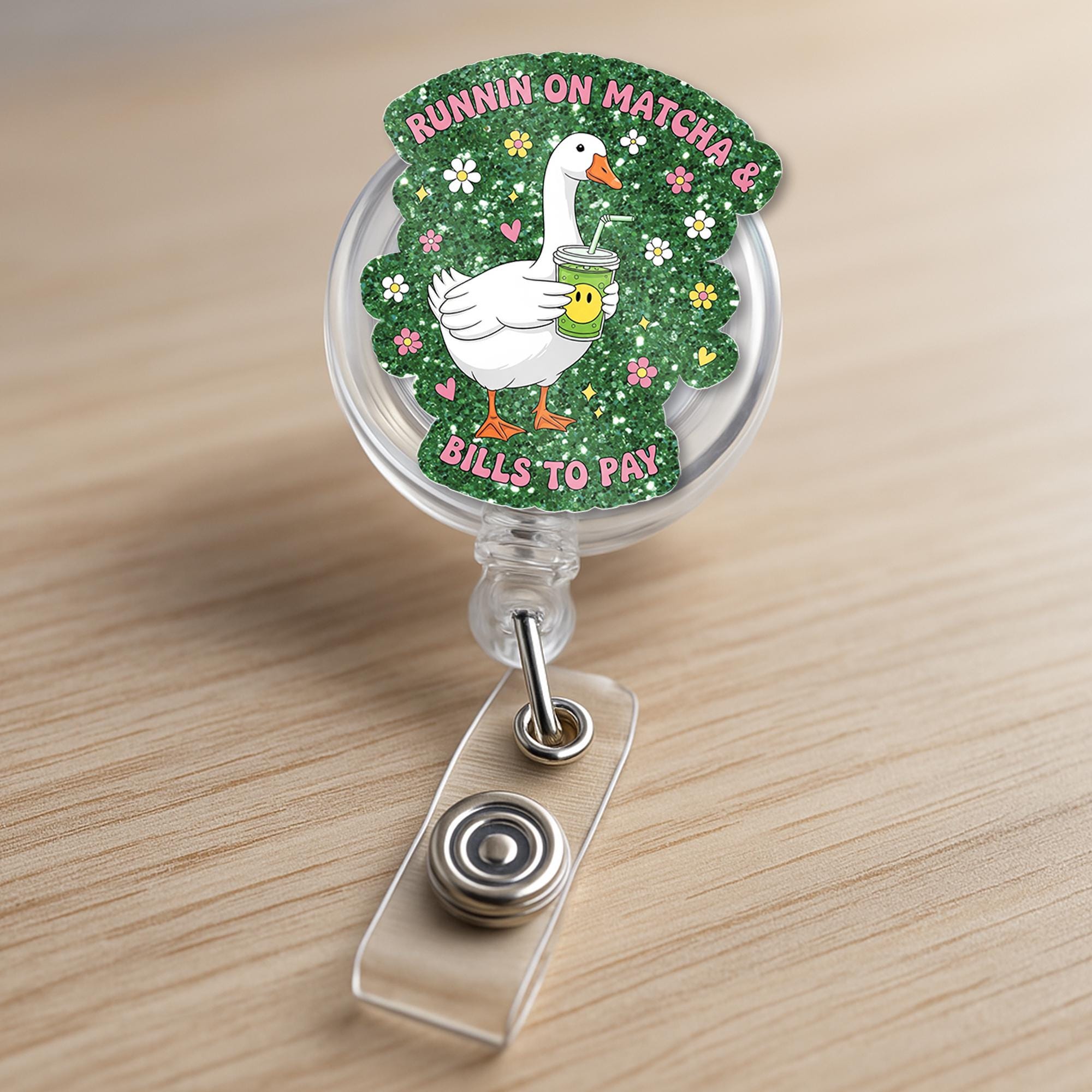 Funny Goose Badge Reel – “Runnin on Matcha & Bills to Pay” Cute ID Holder, Nurse Gift, Office Humor Accessory, Funny Work Gift for Teachers
