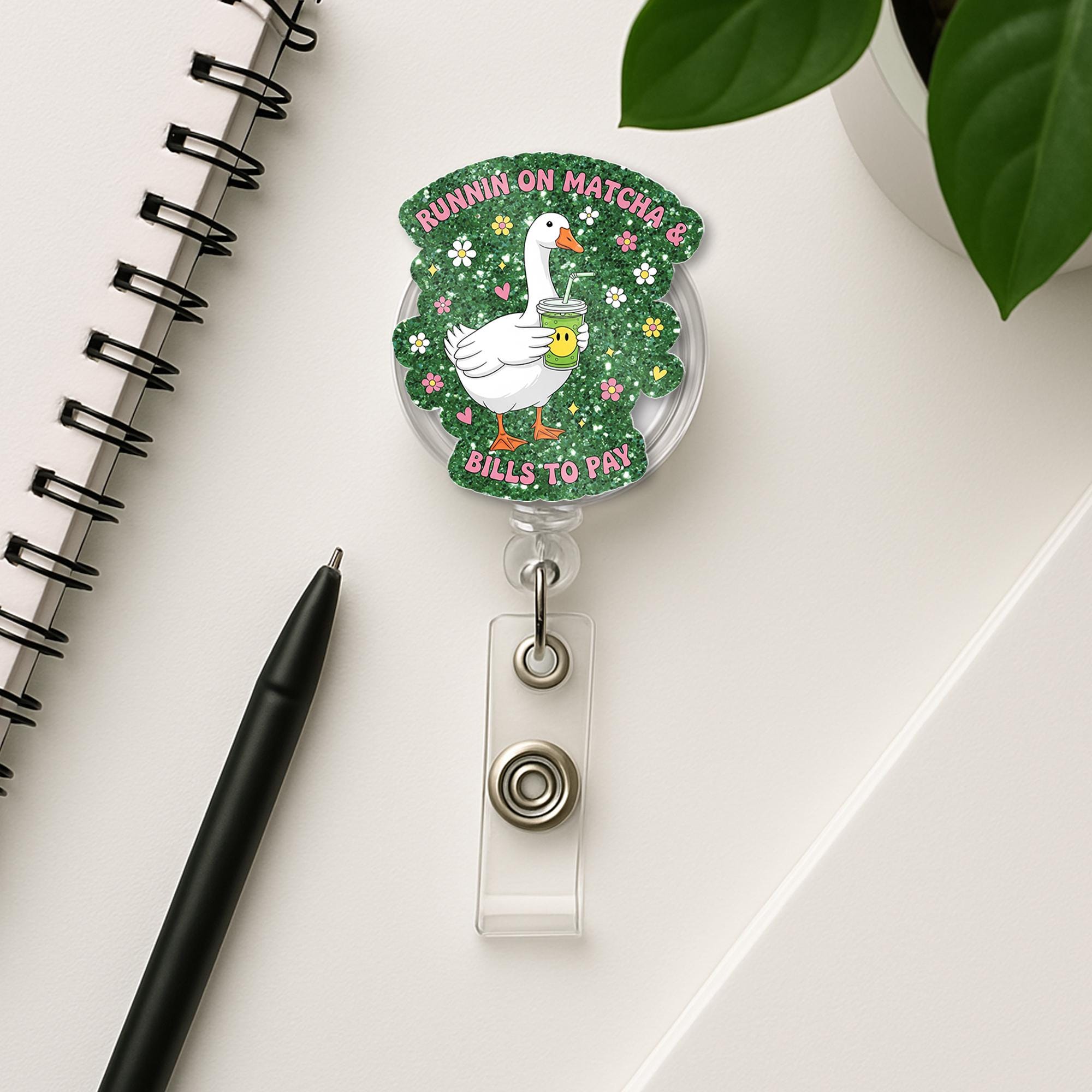Funny Goose Badge Reel – “Runnin on Matcha & Bills to Pay” Cute ID Holder, Nurse Gift, Office Humor Accessory, Funny Work Gift for Teachers