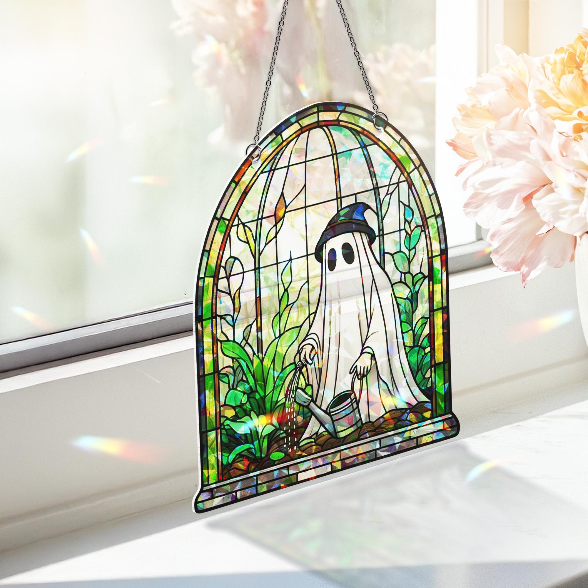 Cute Ghost Greenhouse Suncatcher Ornament, Halloween Ghost Acrylic Window Hangings, Plant Lovers Gift, Halloween Home Decor, Gift For Mom