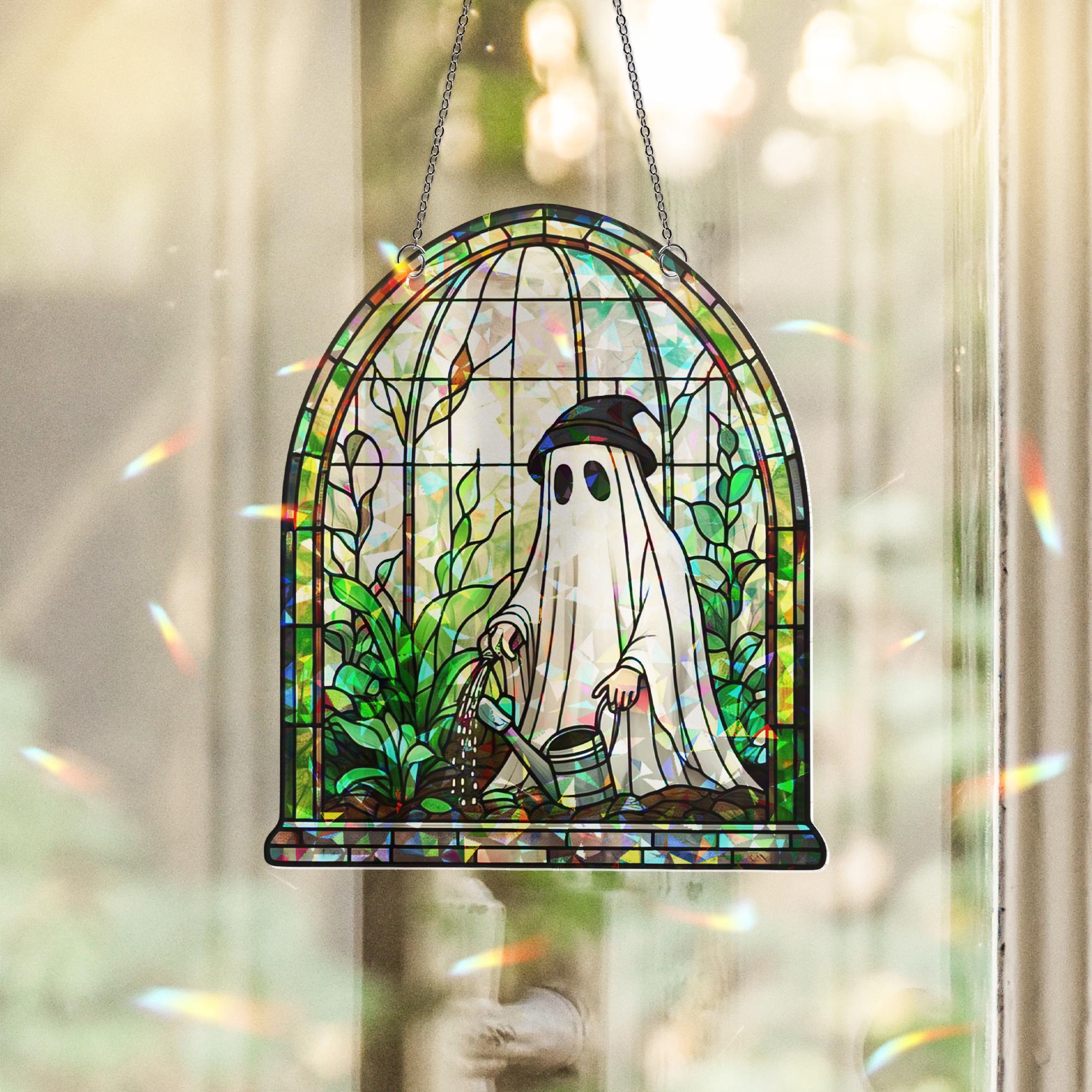 Cute Ghost Greenhouse Suncatcher Ornament, Halloween Ghost Acrylic Window Hangings, Plant Lovers Gift, Halloween Home Decor, Gift For Mom