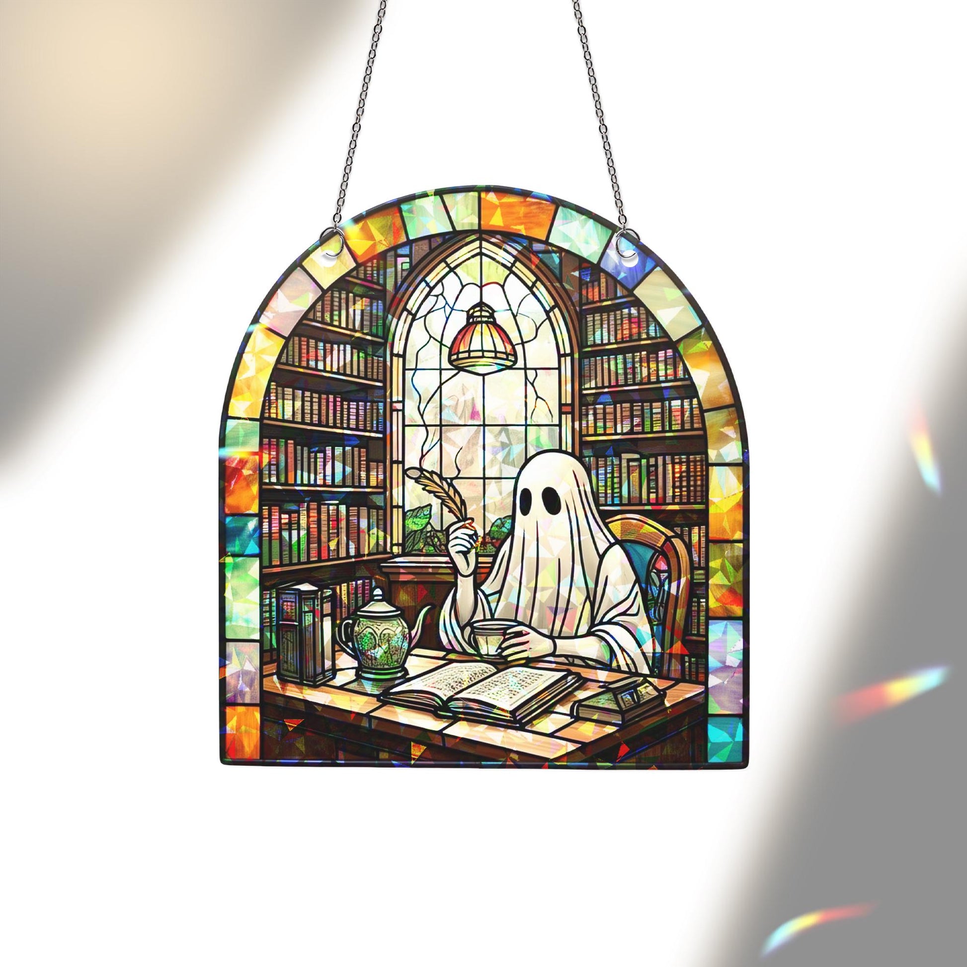 Ghostly Writer Suncatcher Ornament, Cute Halloween Ghost Acrylic Window Hanging, Writing Lovers Home Decor, Gift for Her Halloween