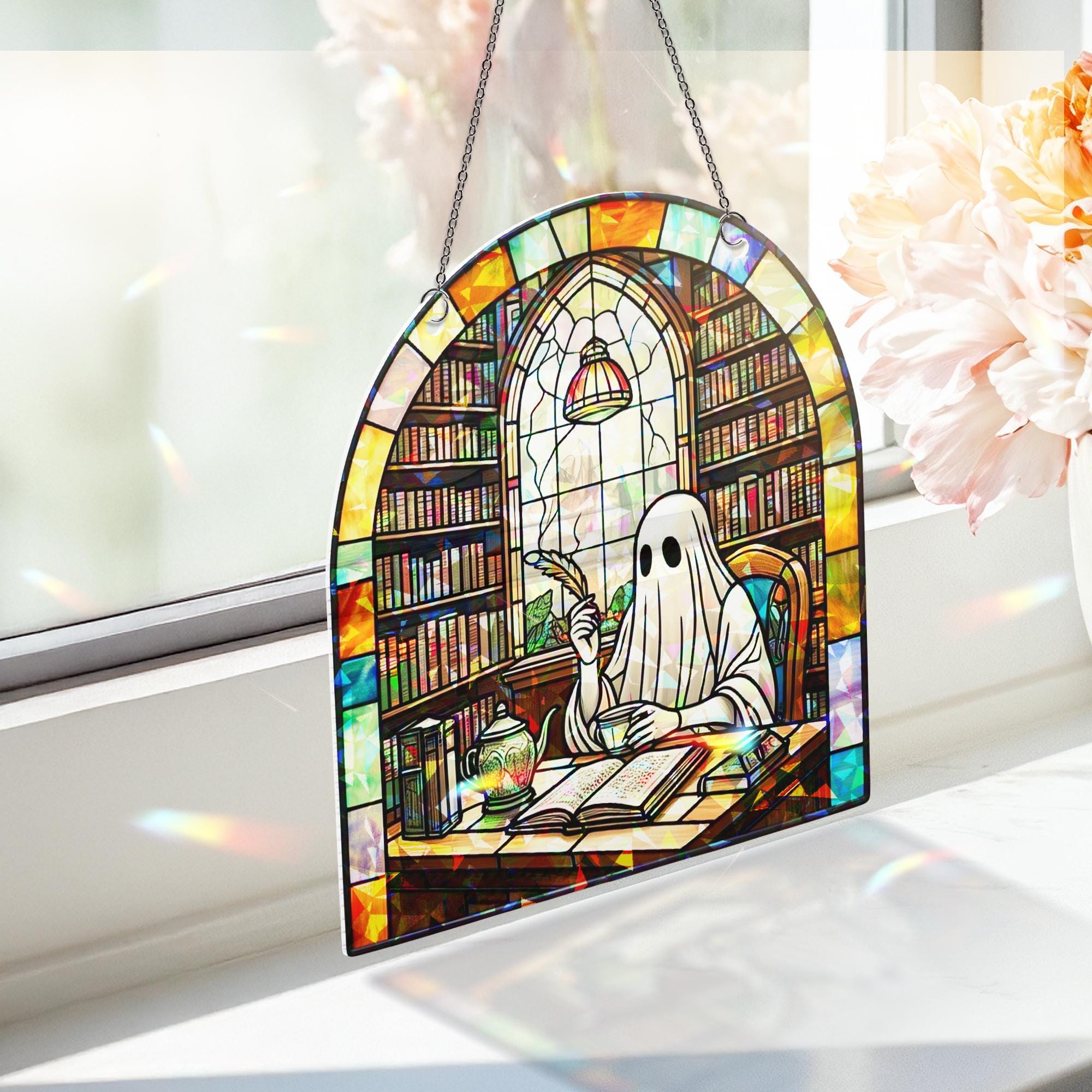 Ghostly Writer Suncatcher Ornament, Cute Halloween Ghost Acrylic Window Hanging, Writing Lovers Home Decor, Gift for Her Halloween