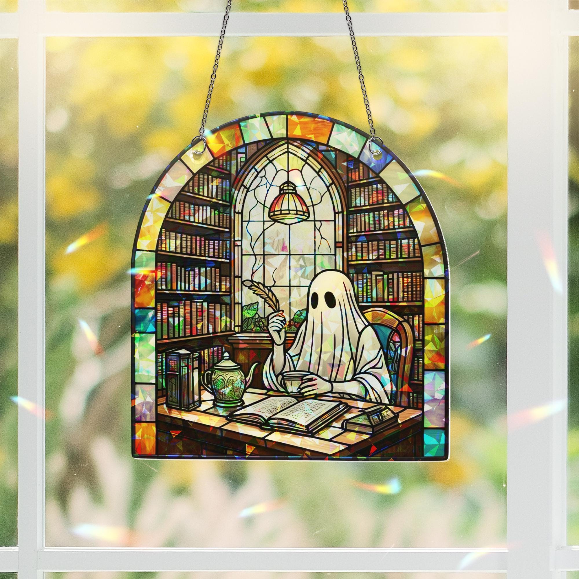 Ghostly Writer Suncatcher Ornament, Cute Halloween Ghost Acrylic Window Hanging, Writing Lovers Home Decor, Gift for Her Halloween