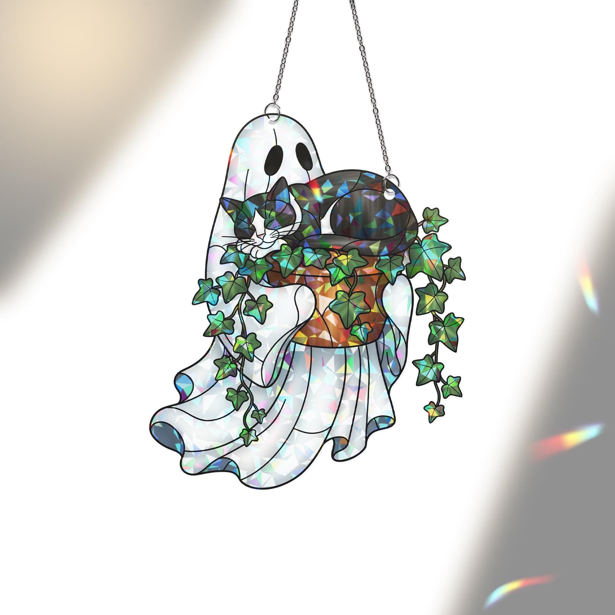 Ghost Tuxedo Cat Ivy Plant Pot Suncatcher, Holographic Acrylic Halloween Decor, Spooky Cute Window Ornament for Cat Moms & Plant Lovers