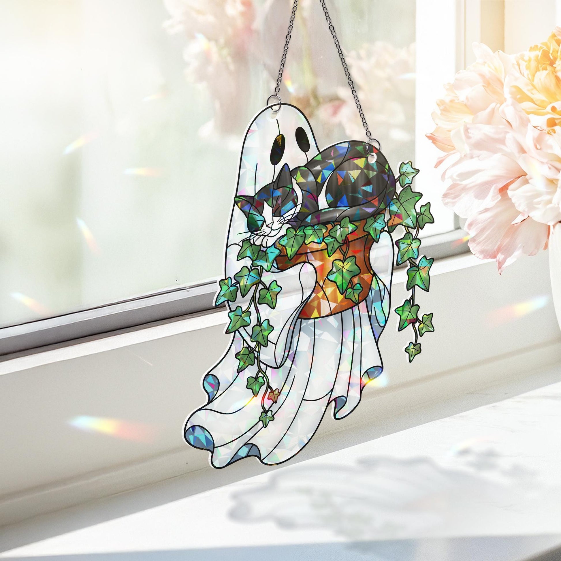 Ghost Tuxedo Cat Ivy Plant Pot Suncatcher, Holographic Acrylic Halloween Decor, Spooky Cute Window Ornament for Cat Moms & Plant Lovers
