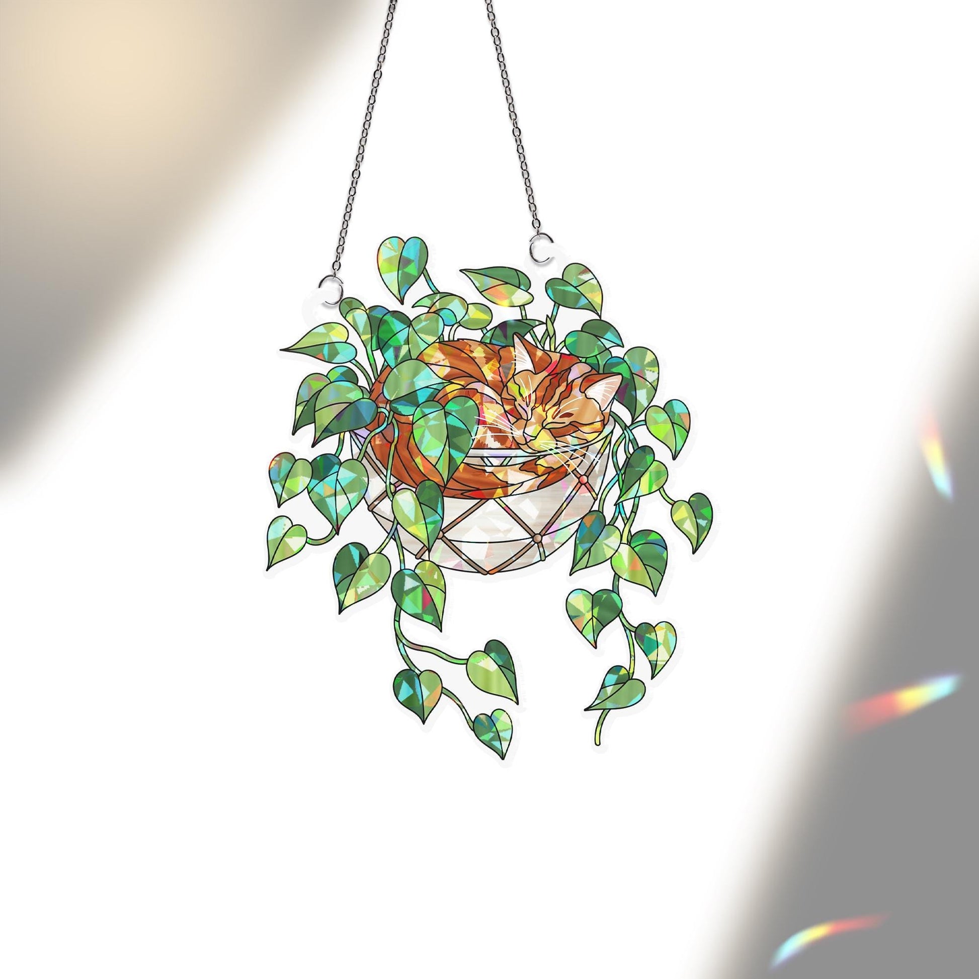 Orange Cat Sleeping on Philodendron Hologram Ornament | Cat ACRYLIC Window Hanging | Plant Lover Gift | Ivy Plants Decor, Cozy Cat Decor