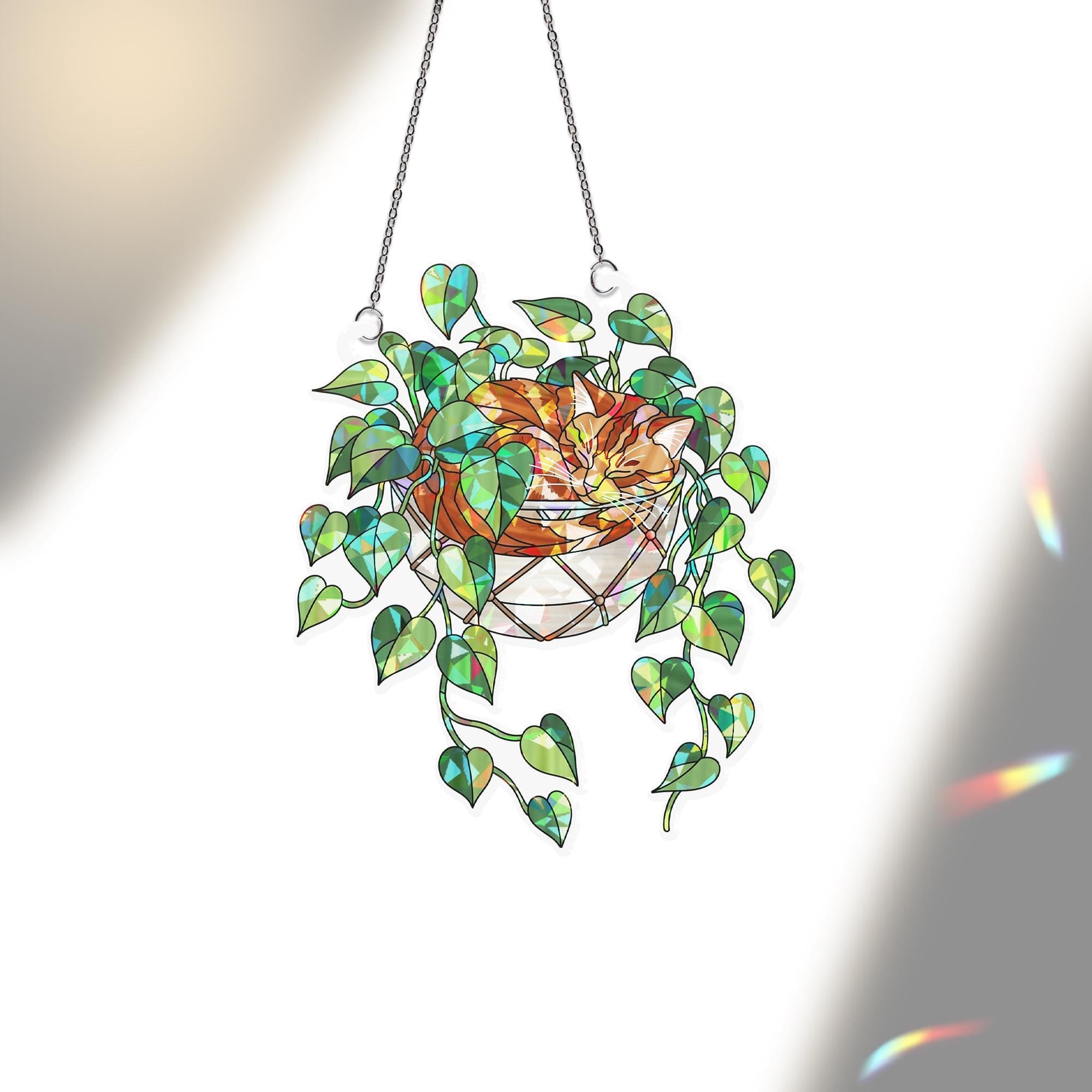 Orange Cat Sleeping on Philodendron Hologram Ornament | Cat ACRYLIC Window Hanging | Plant Lover Gift | Ivy Plants Decor, Cozy Cat Decor