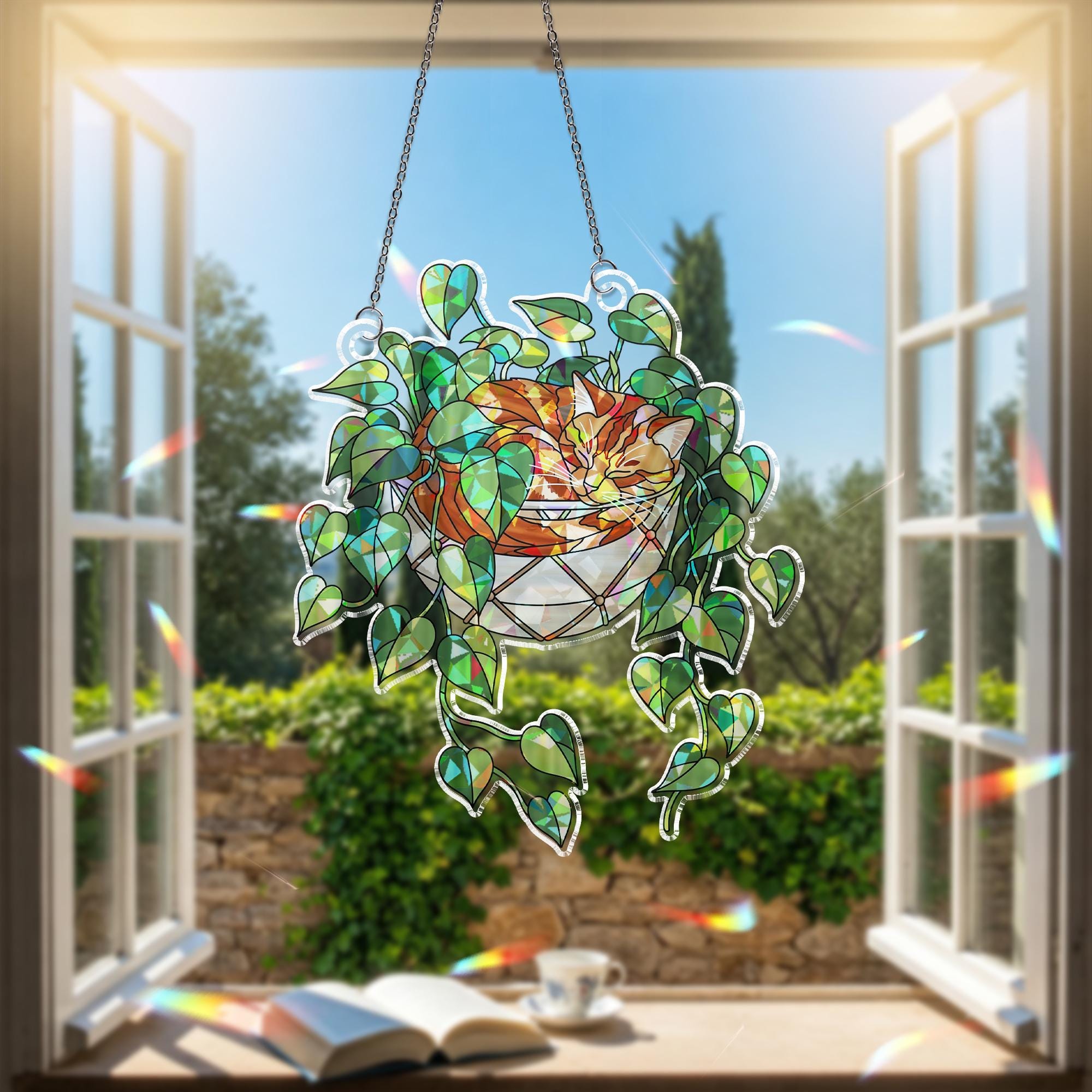 Orange Cat Sleeping on Philodendron Hologram Ornament | Cat ACRYLIC Window Hanging | Plant Lover Gift | Ivy Plants Decor, Cozy Cat Decor