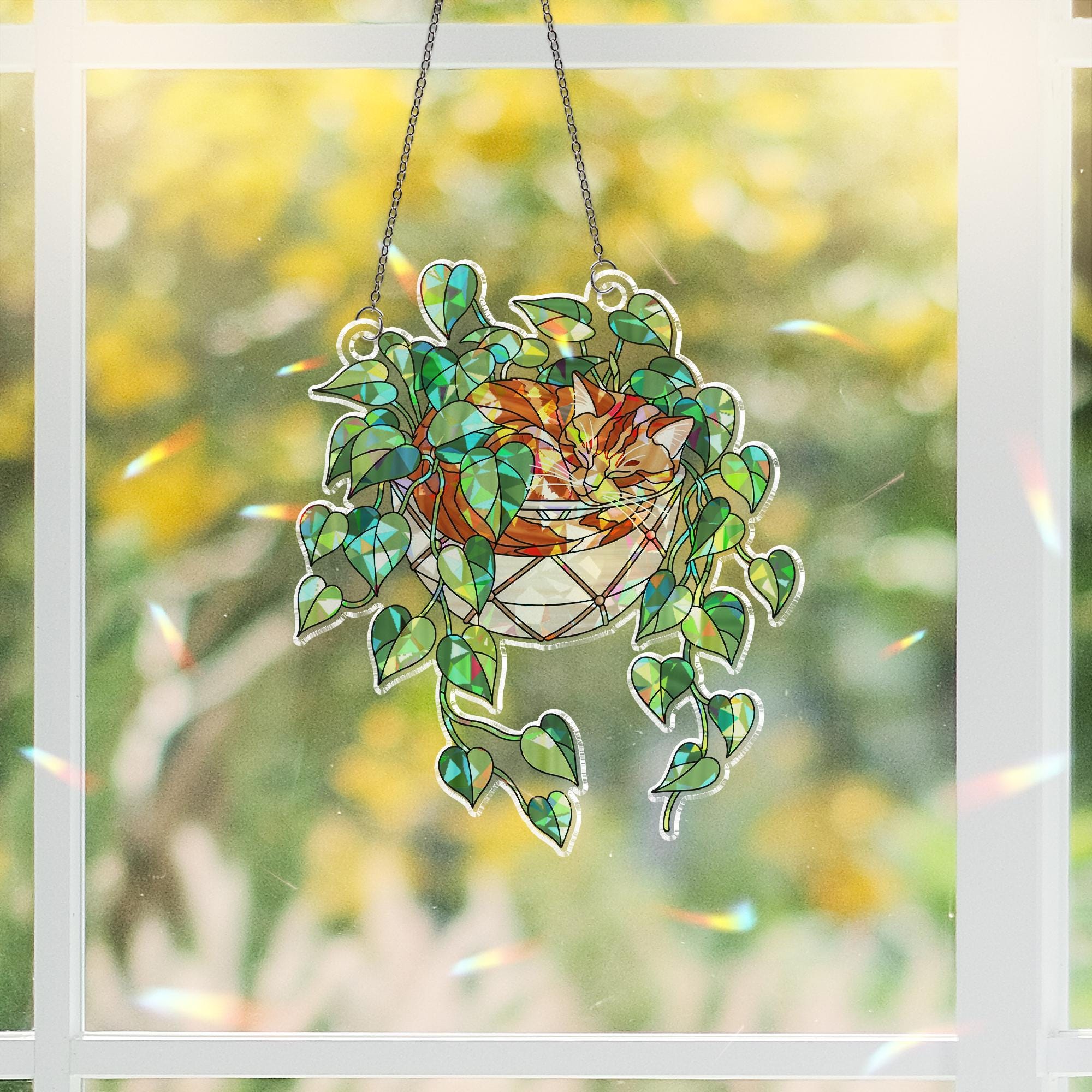 Orange Cat Sleeping on Philodendron Hologram Ornament | Cat ACRYLIC Window Hanging | Plant Lover Gift | Ivy Plants Decor, Cozy Cat Decor