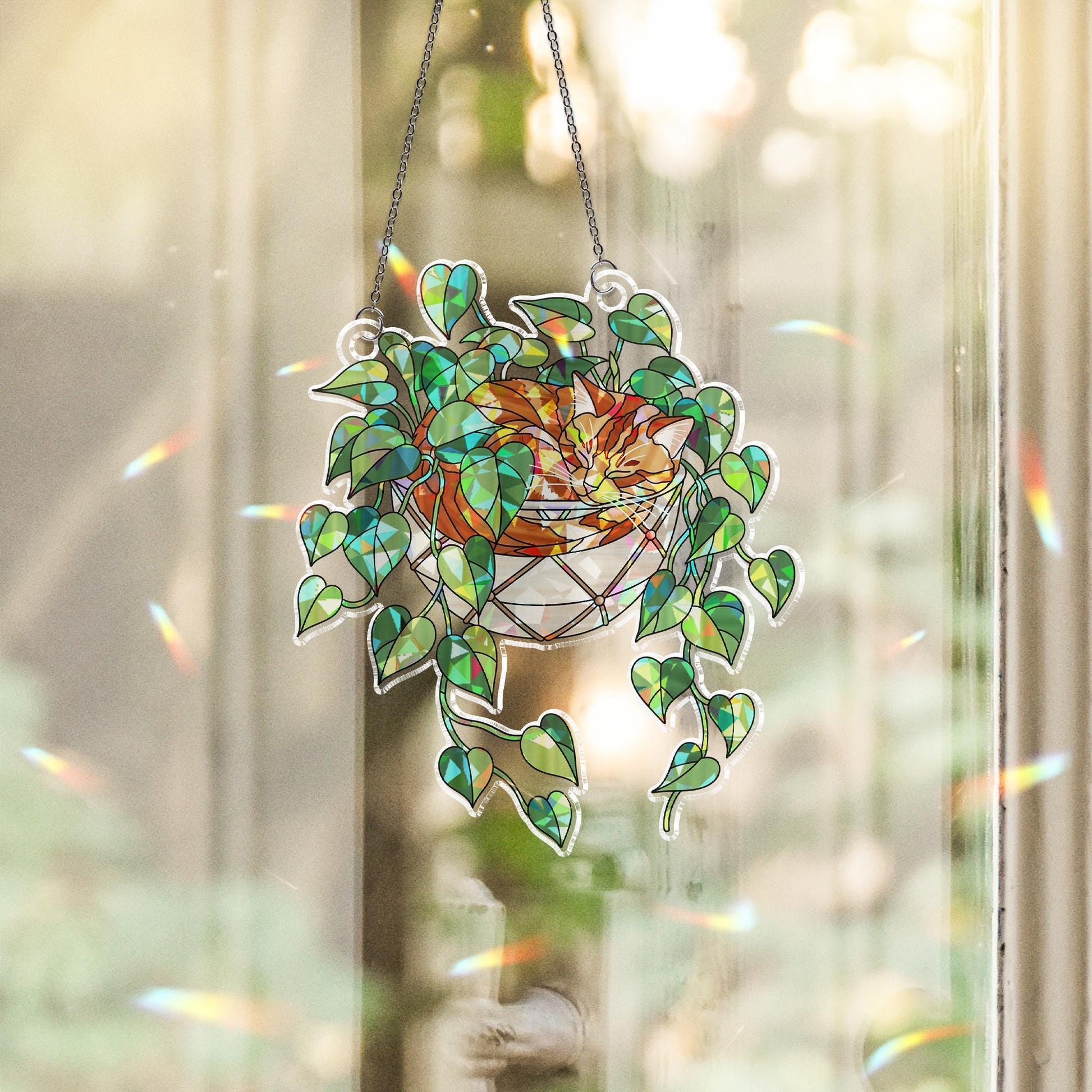 Orange Cat Sleeping on Philodendron Hologram Ornament | Cat ACRYLIC Window Hanging | Plant Lover Gift | Ivy Plants Decor, Cozy Cat Decor