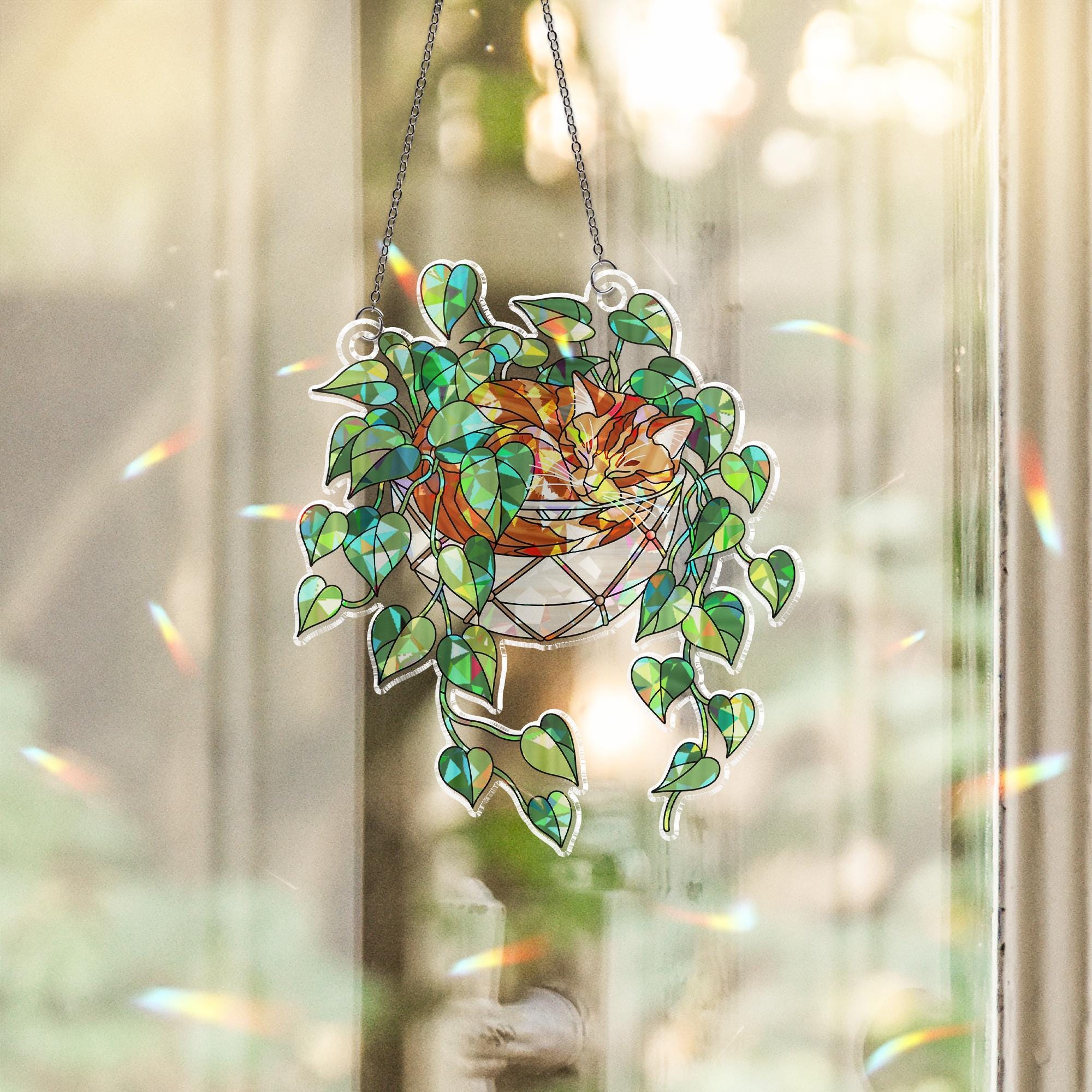 Orange Cat Sleeping on Philodendron Hologram Ornament | Cat ACRYLIC Window Hanging | Plant Lover Gift | Ivy Plants Decor, Cozy Cat Decor