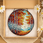 Autumn Birch Tree Glass Suncatcher, Fall Window Decor, Handmade Round Glass Panel, Woodland Nature Lover Gift