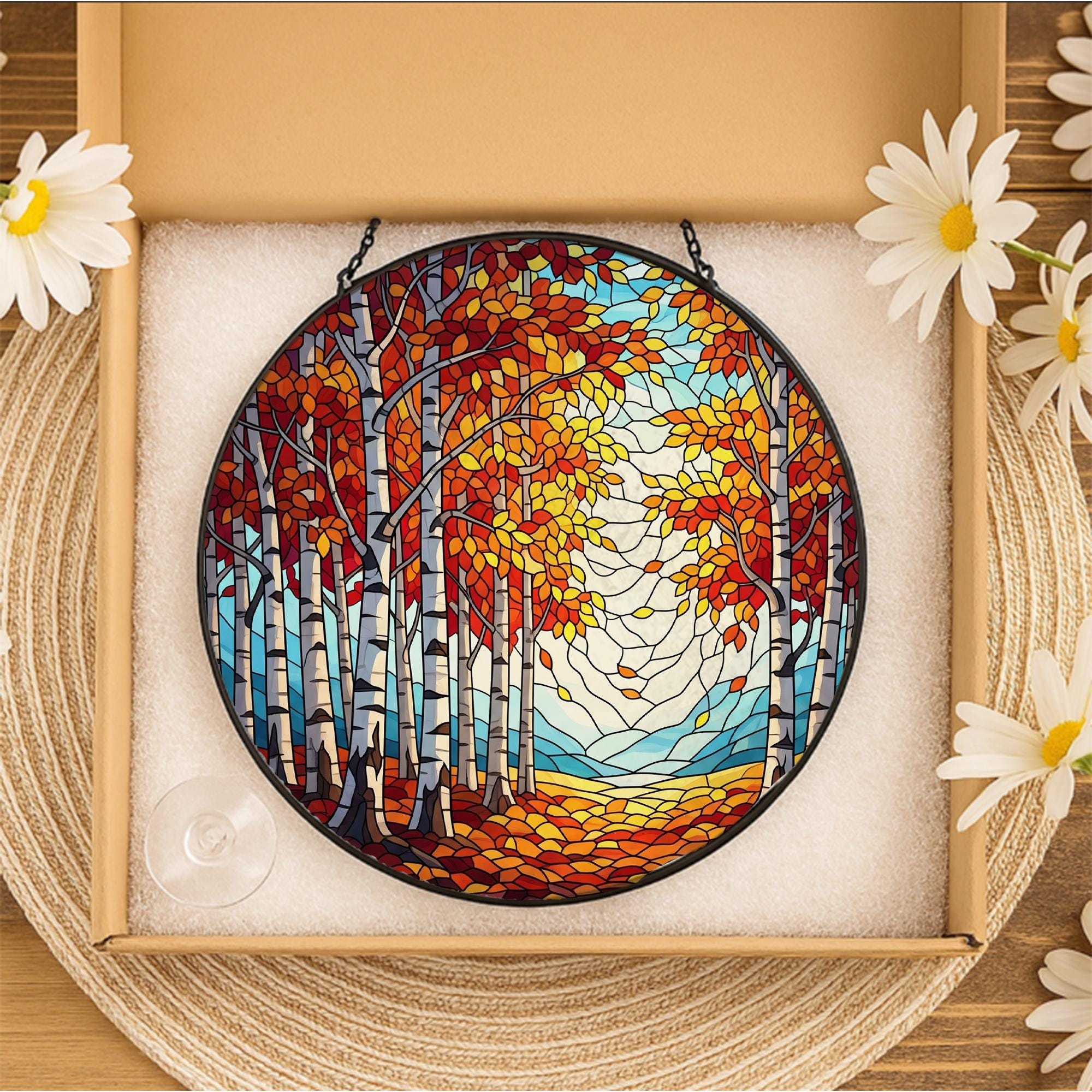 Autumn Birch Tree Glass Suncatcher, Fall Window Decor, Handmade Round Glass Panel, Woodland Nature Lover Gift