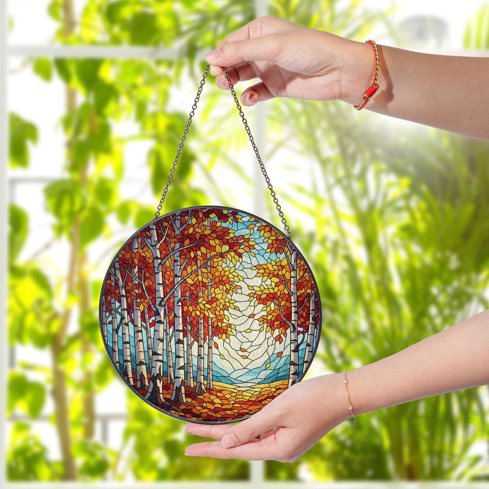 Autumn Birch Tree Glass Suncatcher, Fall Window Decor, Handmade Round Glass Panel, Woodland Nature Lover Gift