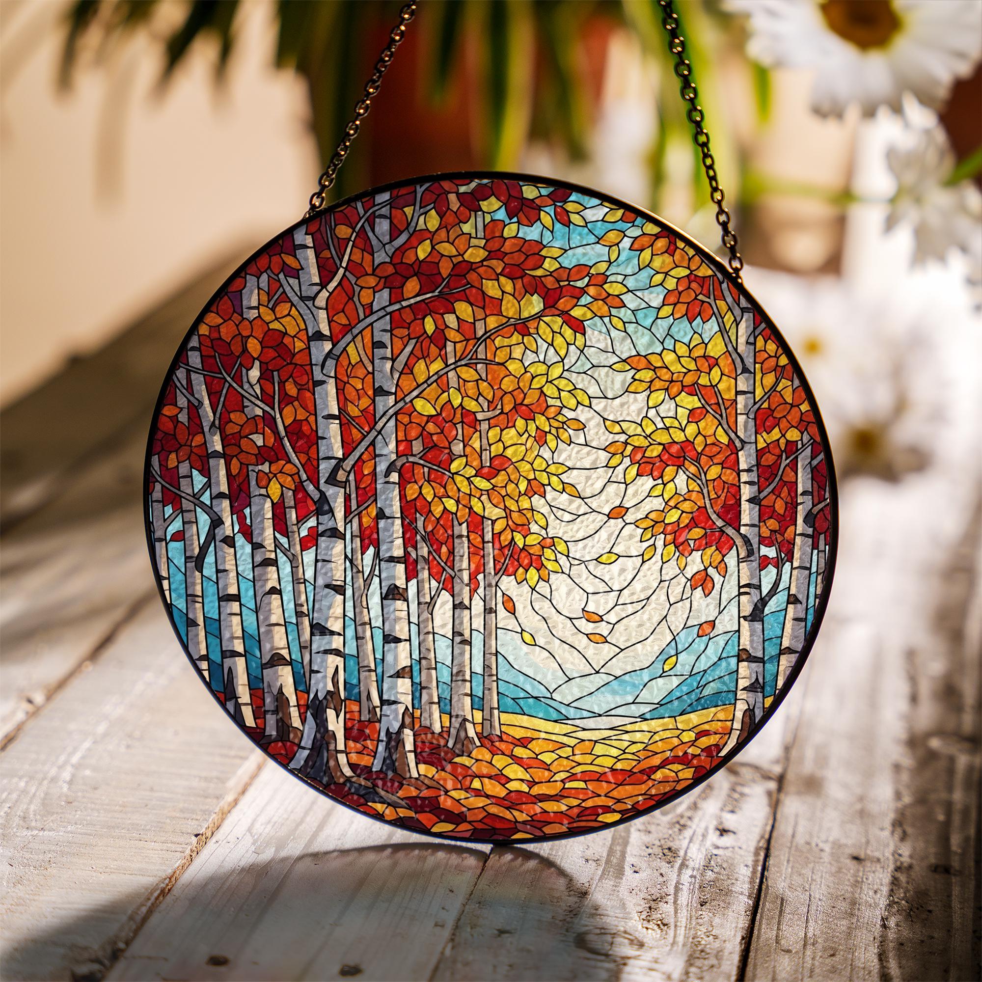 Autumn Birch Tree Glass Suncatcher, Fall Window Decor, Handmade Round Glass Panel, Woodland Nature Lover Gift