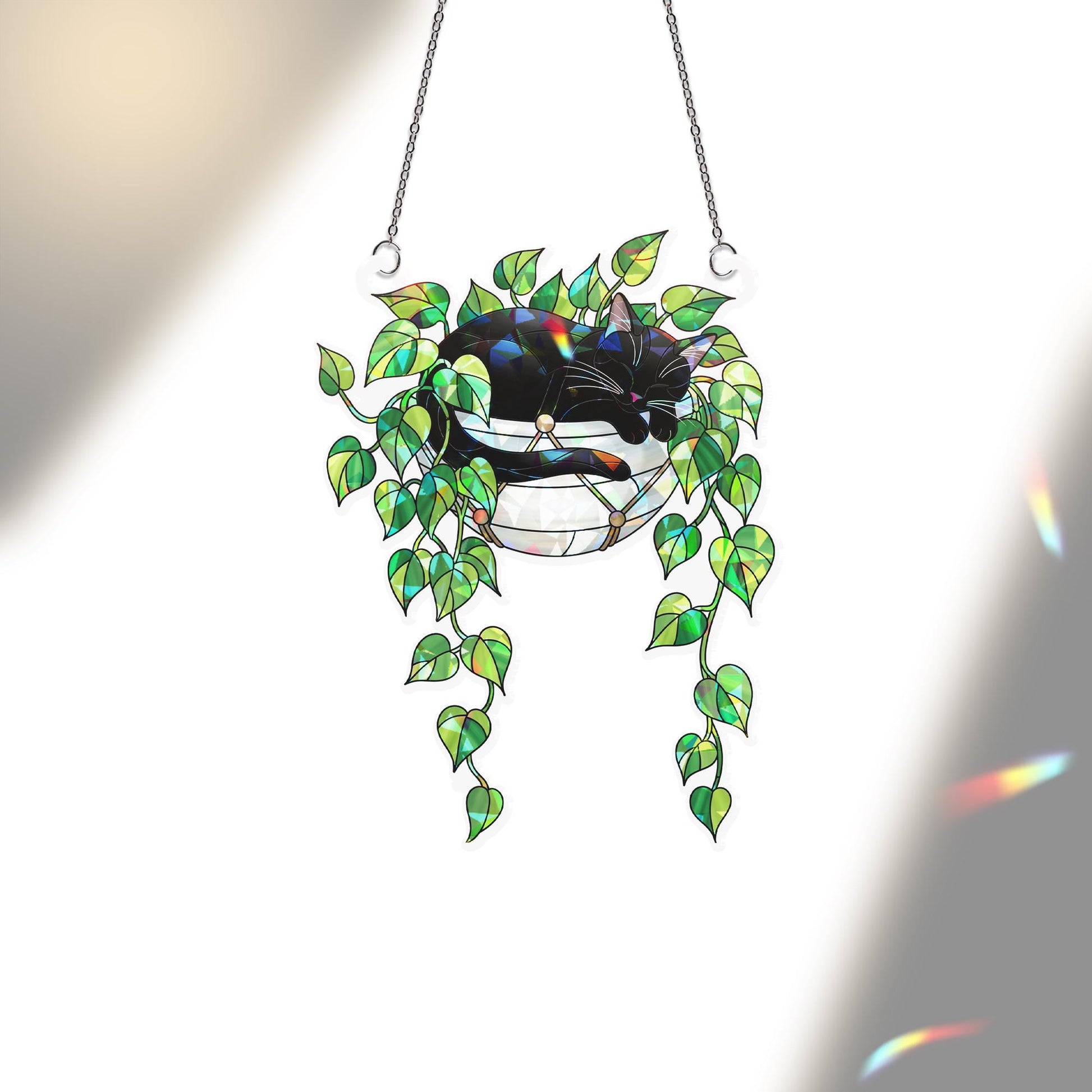 Black Cat Sleeping on Philodendron Hologram Ornament | Cat ACRYLIC Window Hanging | Plant Lover Gift | Ivy Plants Decor, Cozy Cat Decor