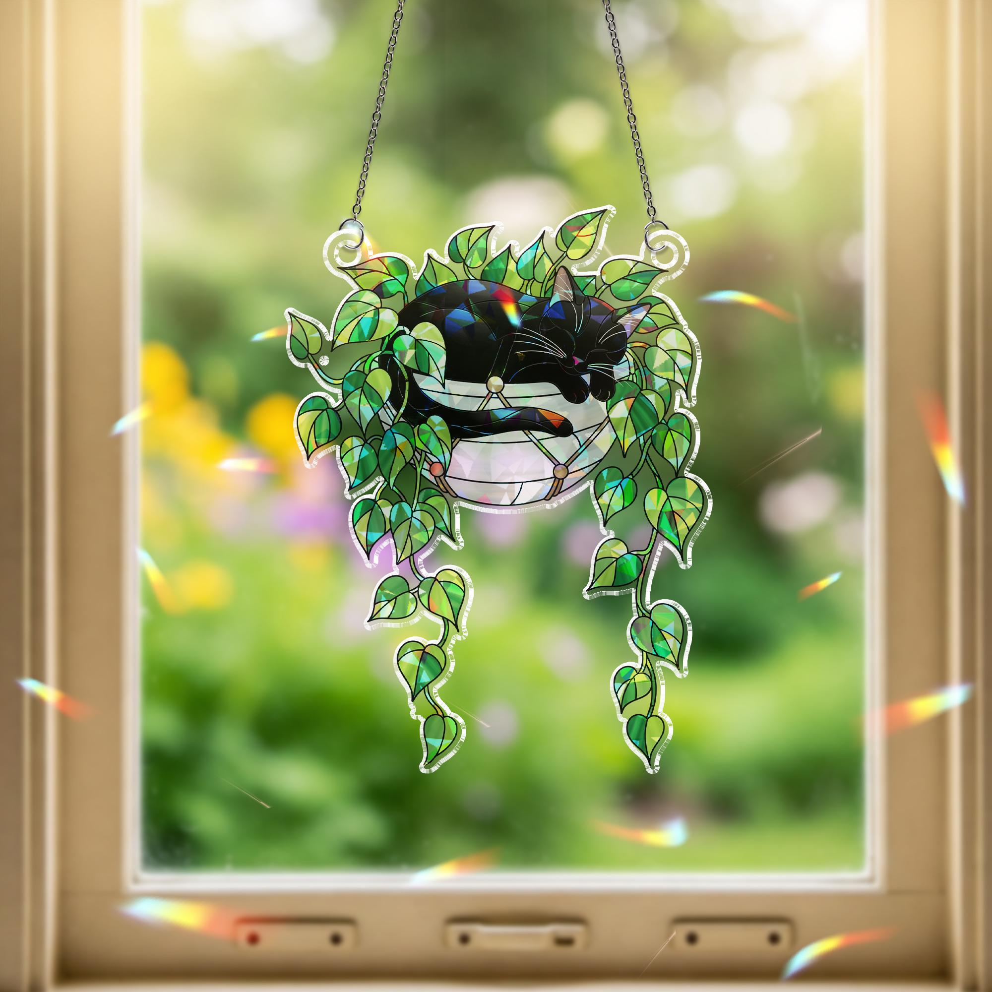 Black Cat Sleeping on Philodendron Hologram Ornament | Cat ACRYLIC Window Hanging | Plant Lover Gift | Ivy Plants Decor, Cozy Cat Decor