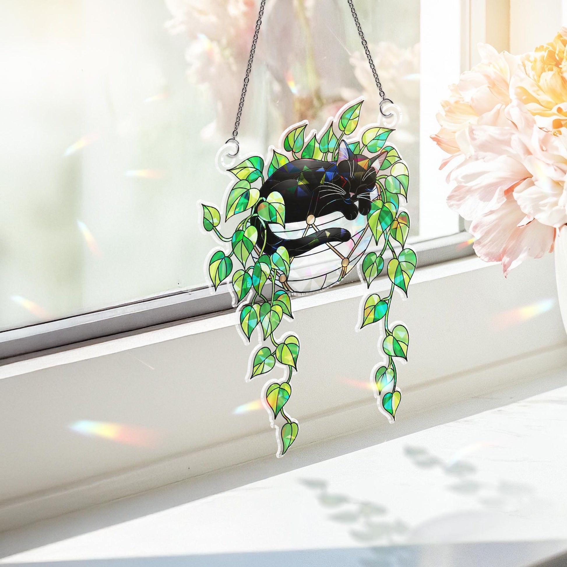Black Cat Sleeping on Philodendron Hologram Ornament | Cat ACRYLIC Window Hanging | Plant Lover Gift | Ivy Plants Decor, Cozy Cat Decor