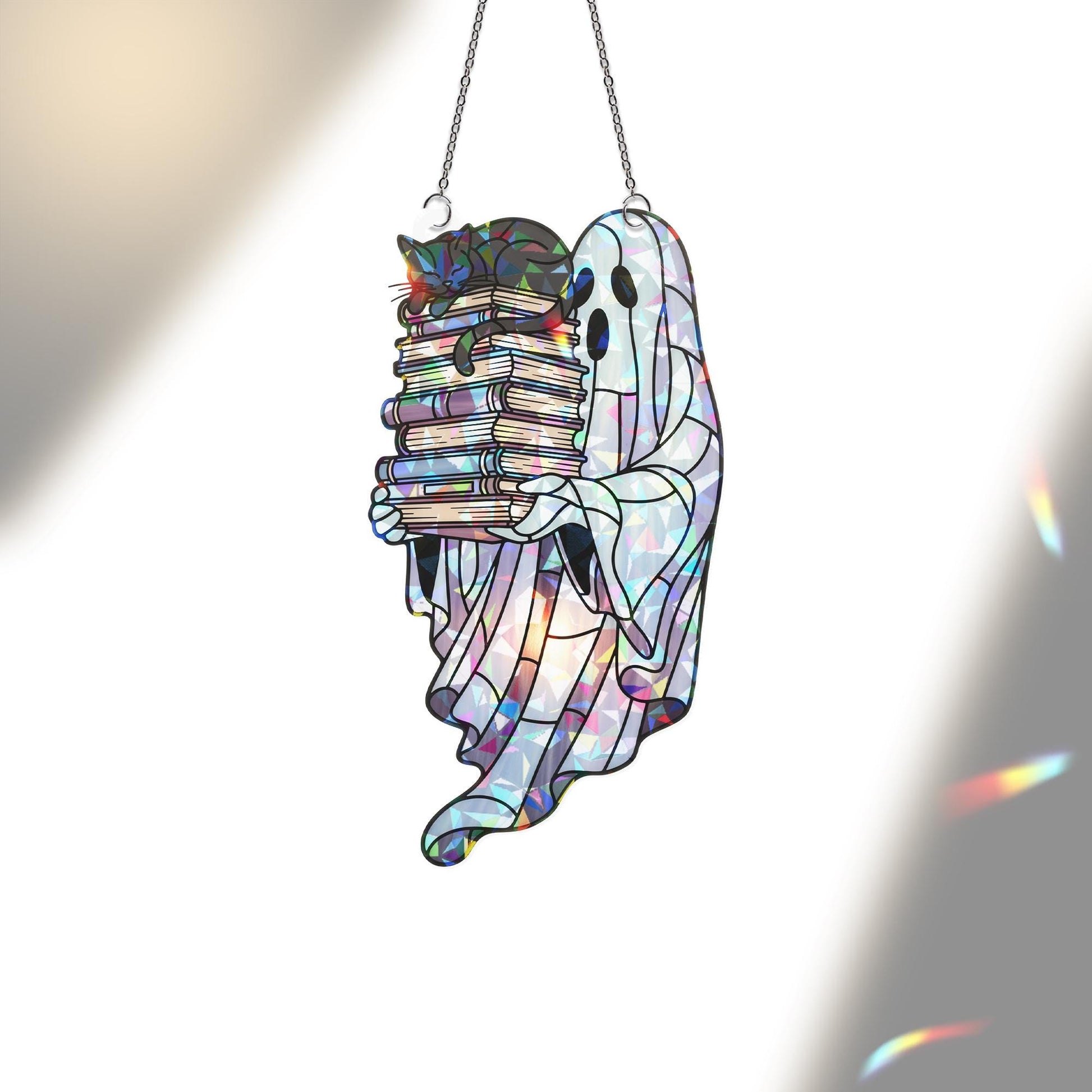 Holographic Ghost Cat Book Suncatcher, Cute Acrylic Window Decor, Spooky Book Lover Gift, Halloween Rainbow ornament