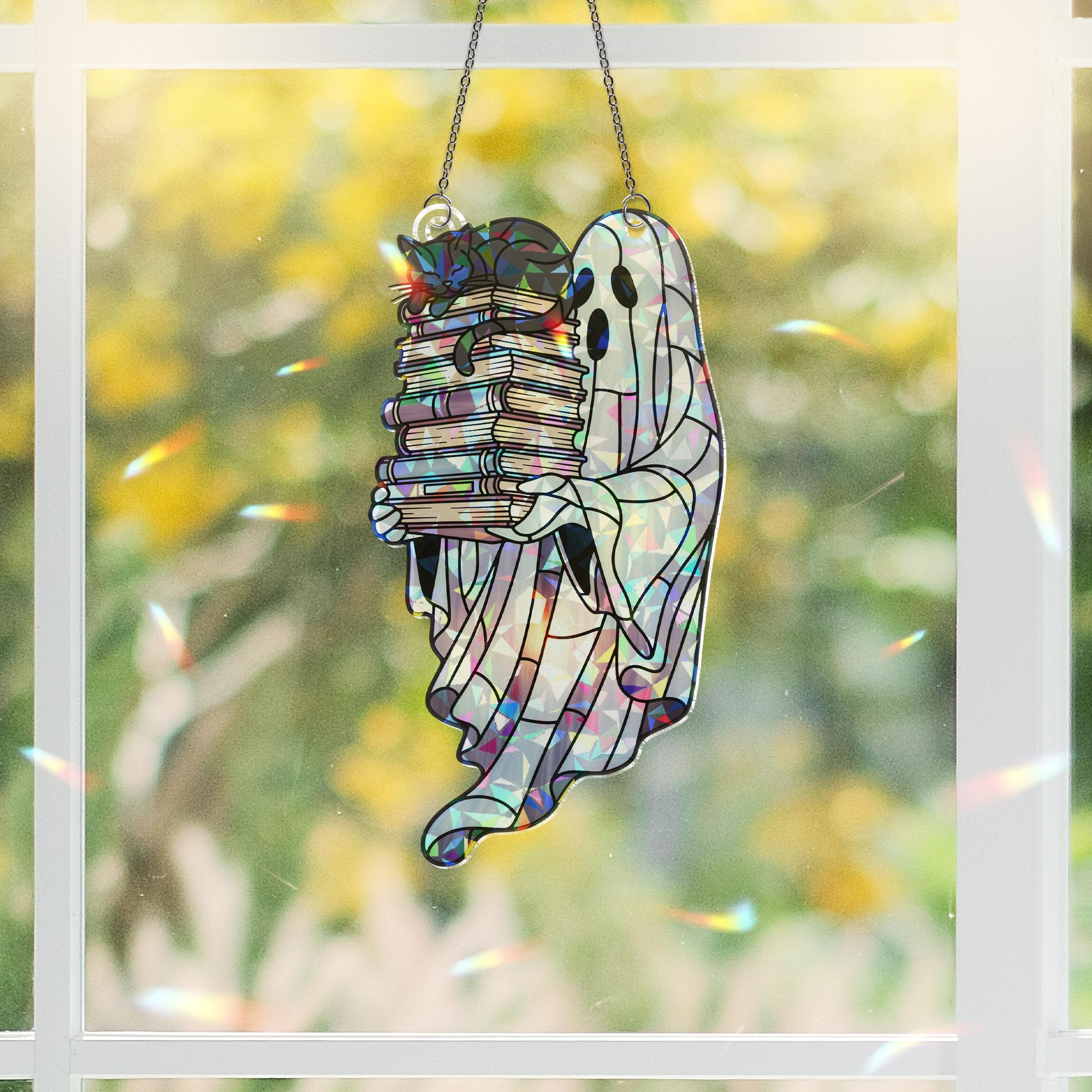 Holographic Ghost Cat Book Suncatcher, Cute Acrylic Window Decor, Spooky Book Lover Gift, Halloween Rainbow ornament