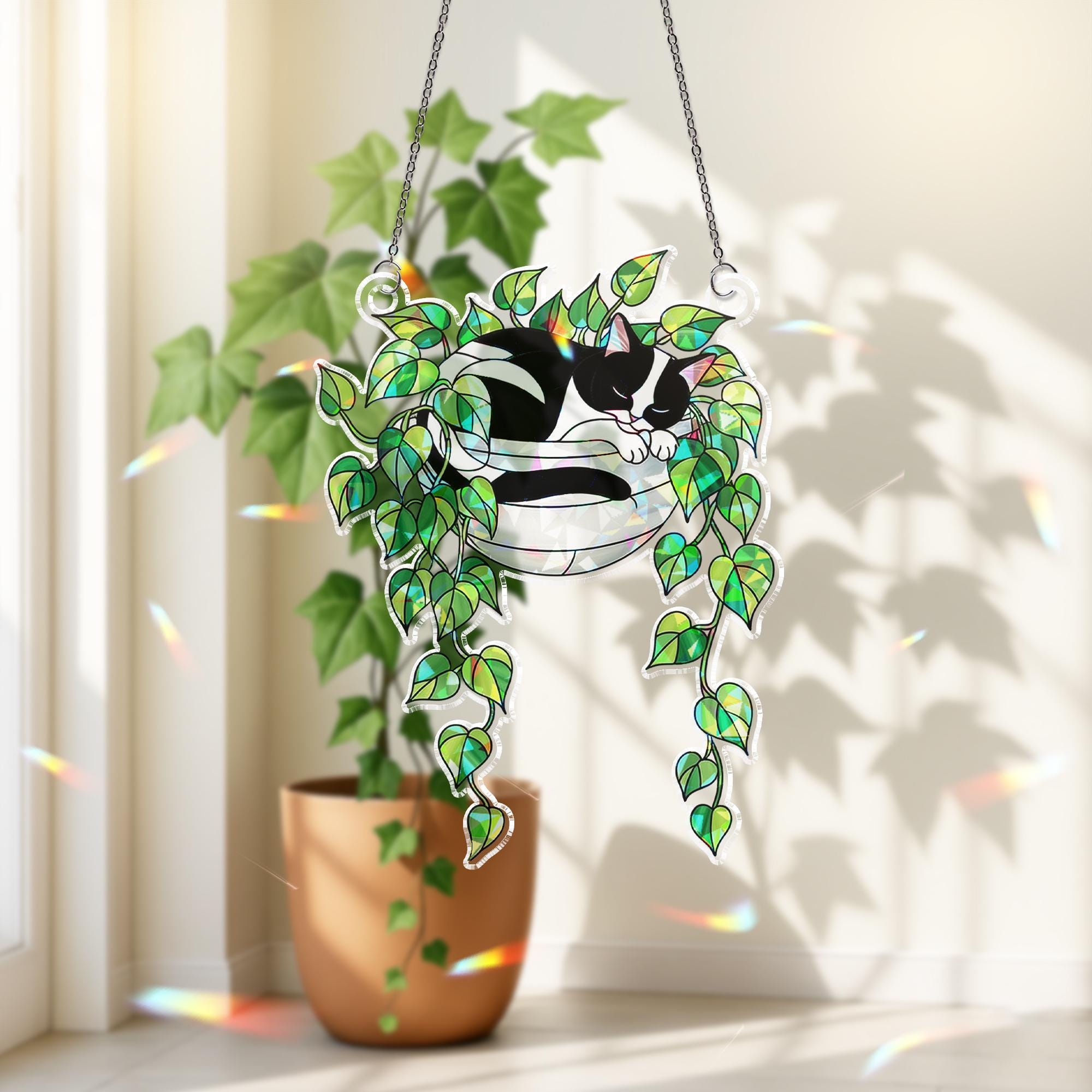 Tuxedo Cat Sleeping on Philodendron Hologram Ornament | Cat ACRYLIC Window Hanging | Plant Lover Gift | Ivy Plants Decor, Cozy Cat Decor