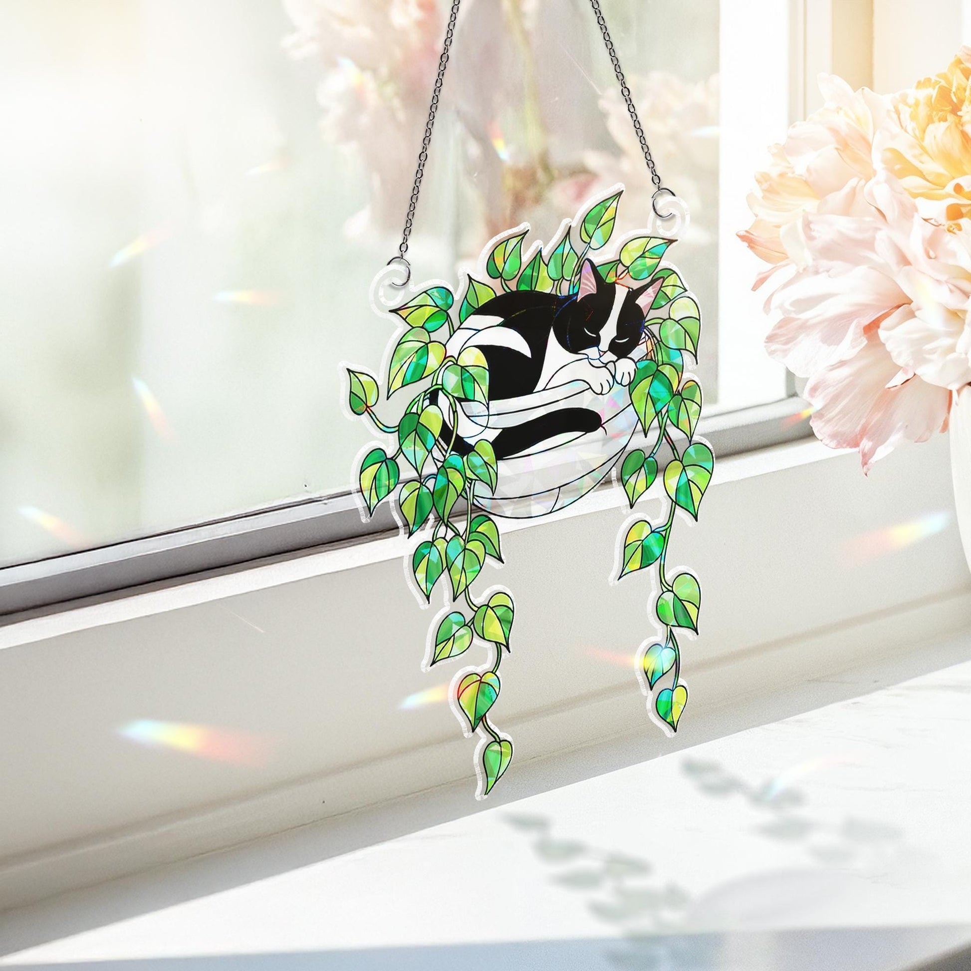Tuxedo Cat Sleeping on Philodendron Hologram Ornament | Cat ACRYLIC Window Hanging | Plant Lover Gift | Ivy Plants Decor, Cozy Cat Decor
