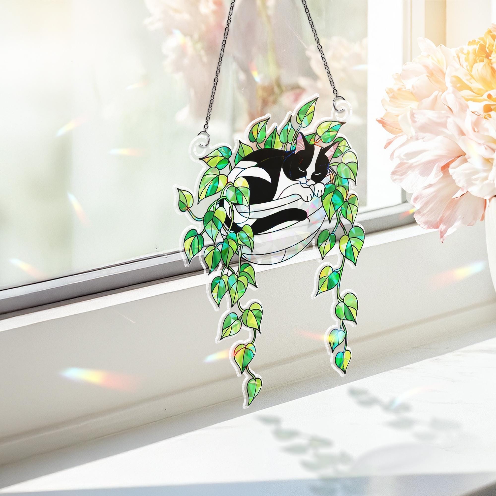 Tuxedo Cat Sleeping on Philodendron Hologram Ornament | Cat ACRYLIC Window Hanging | Plant Lover Gift | Ivy Plants Decor, Cozy Cat Decor