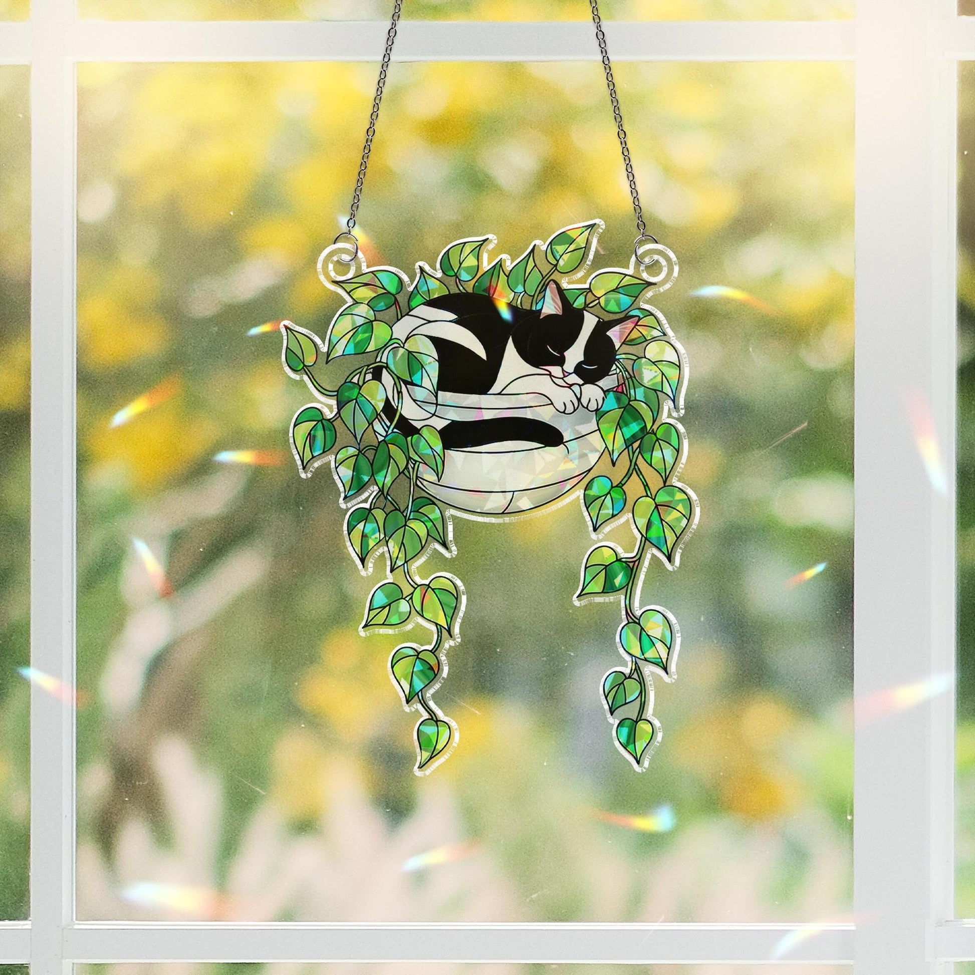 Tuxedo Cat Sleeping on Philodendron Hologram Ornament | Cat ACRYLIC Window Hanging | Plant Lover Gift | Ivy Plants Decor, Cozy Cat Decor