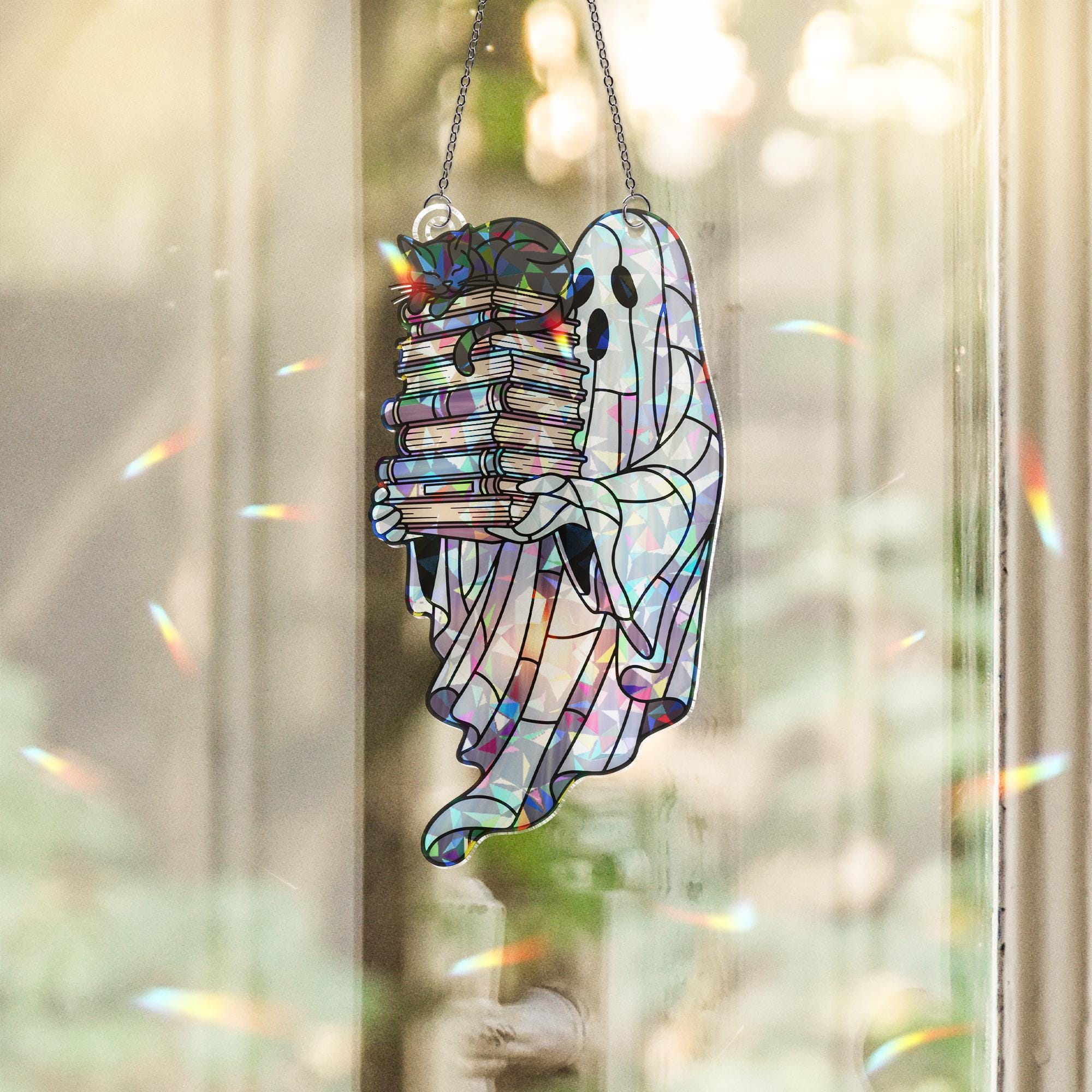 Holographic Ghost Cat Book Suncatcher, Cute Acrylic Window Decor, Spooky Book Lover Gift, Halloween Rainbow ornament