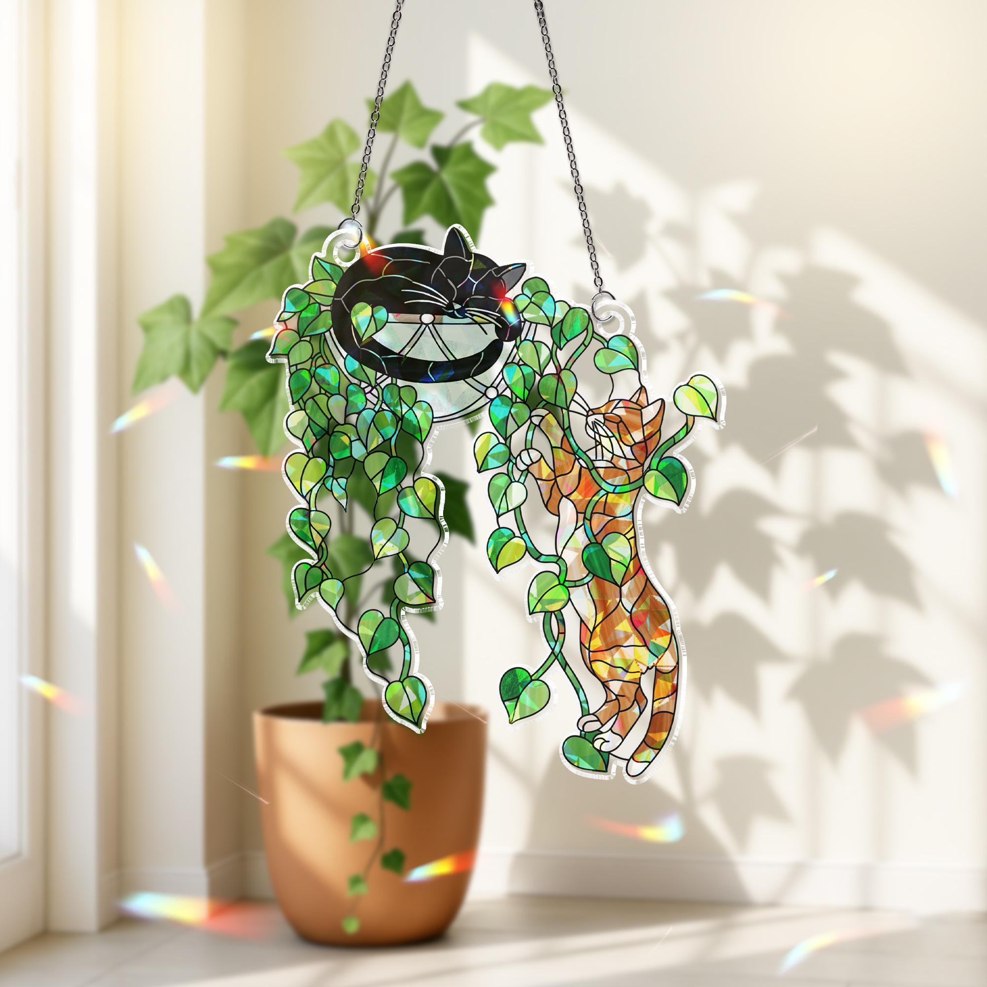 Climbing Cat & Sleeping Cat Hologram Ornament – Plant Cat Window Hanging, Cute Plant Decor for Cat Lovers, Funny Indoor Plant Art, Cat Plant