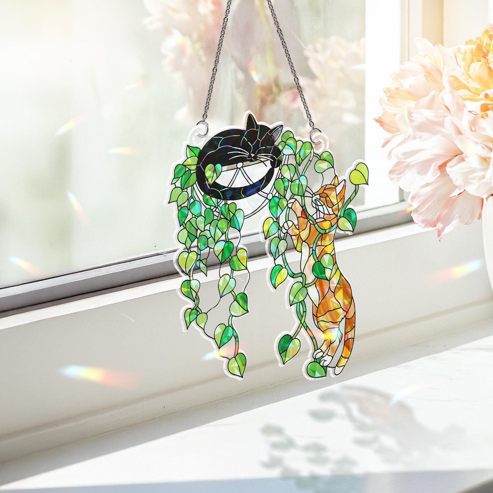 Climbing Cat & Sleeping Cat Hologram Ornament – Plant Cat Window Hanging, Cute Plant Decor for Cat Lovers, Funny Indoor Plant Art, Cat Plant