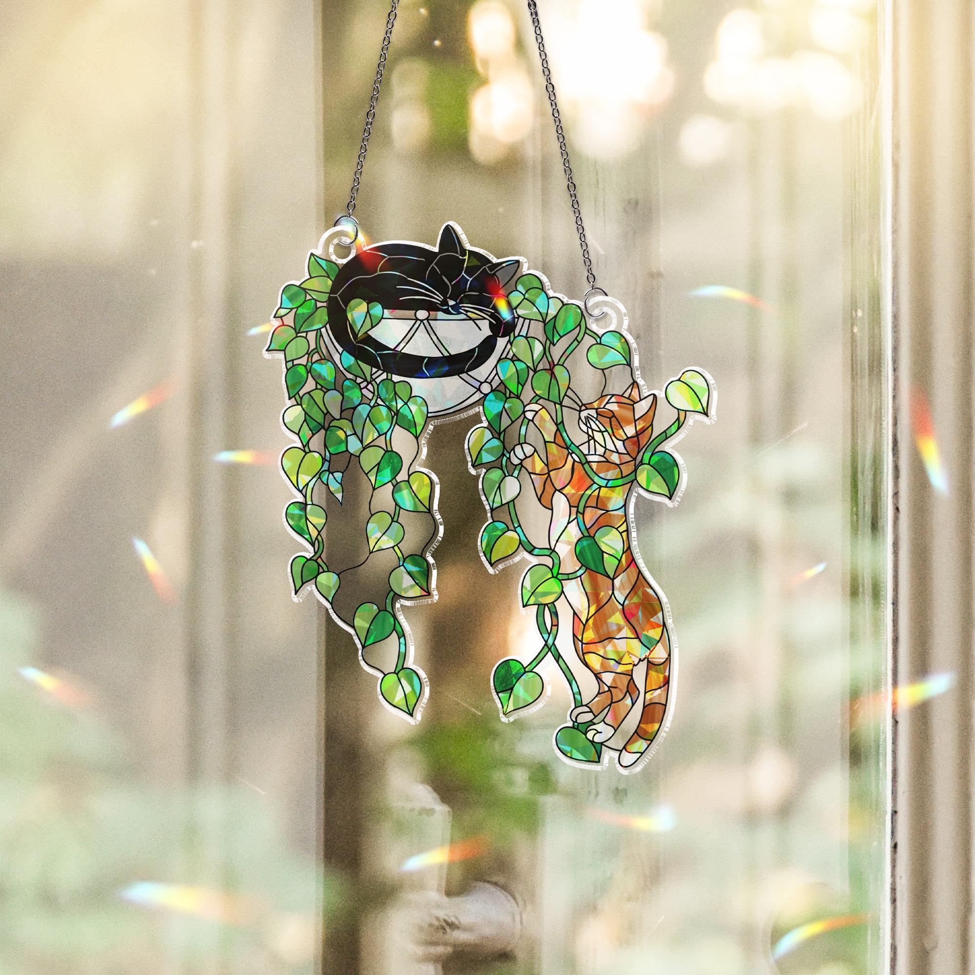 Climbing Cat & Sleeping Cat Hologram Ornament – Plant Cat Window Hanging, Cute Plant Decor for Cat Lovers, Funny Indoor Plant Art, Cat Plant