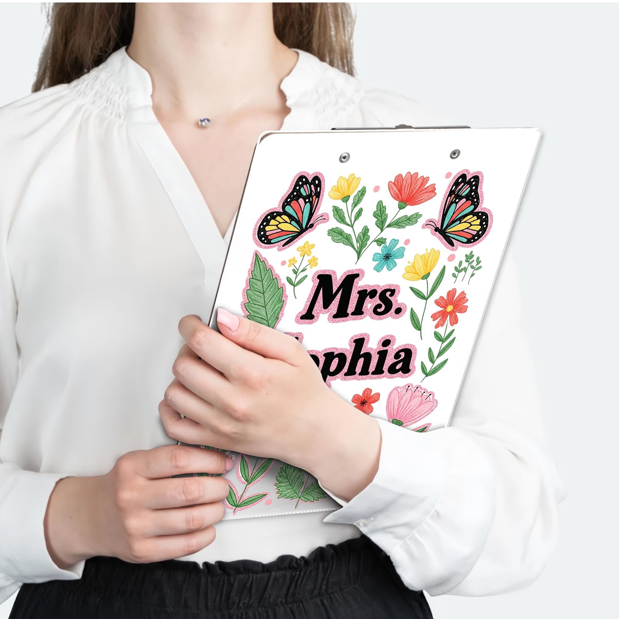 Personalized Faux Glitter Floral Clipboard, Custom Name Teacher Gift, Butterfly Clipboard for Teacher, Cute School Supplies, Back To School