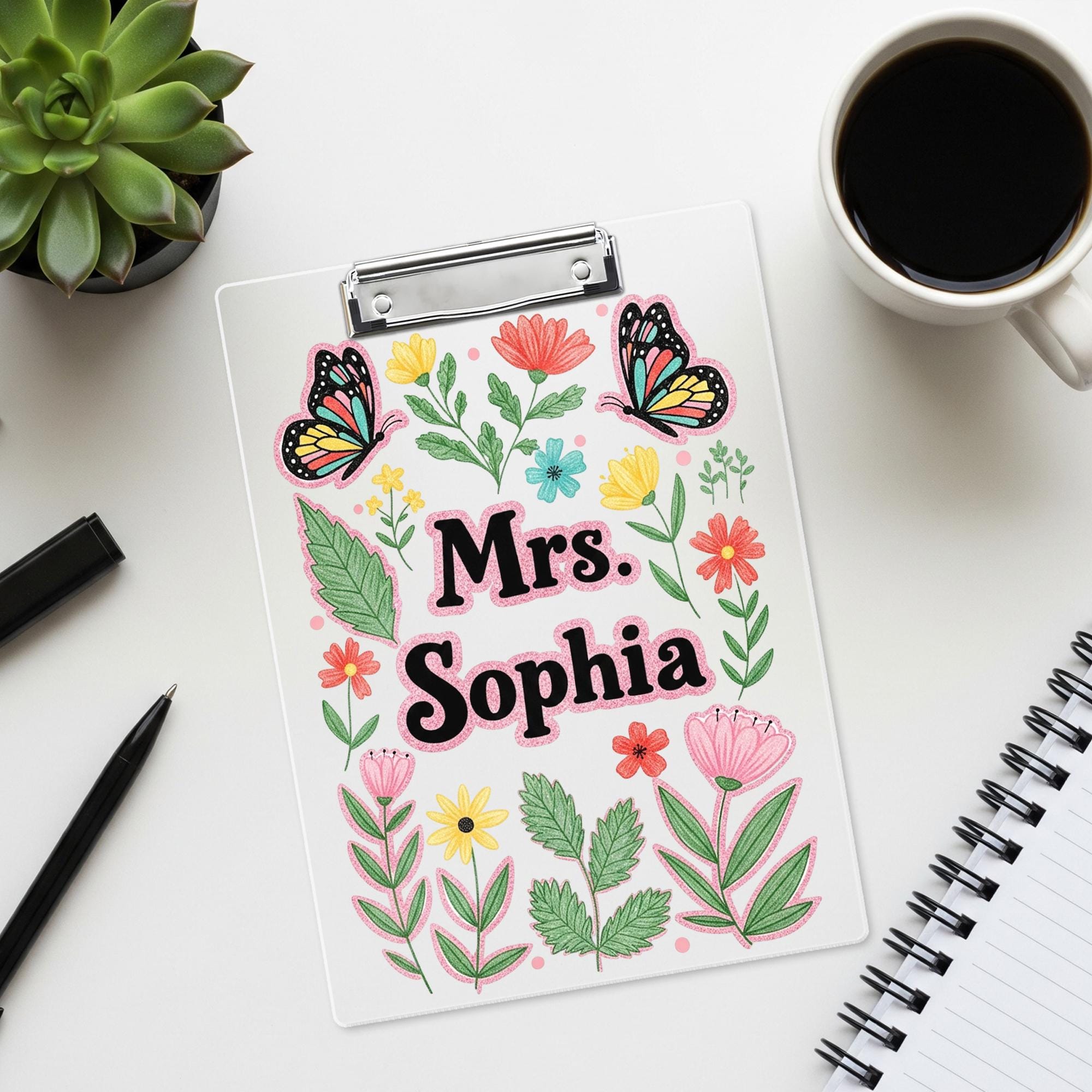 Personalized Faux Glitter Floral Clipboard, Custom Name Teacher Gift, Butterfly Clipboard for Teacher, Cute School Supplies, Back To School