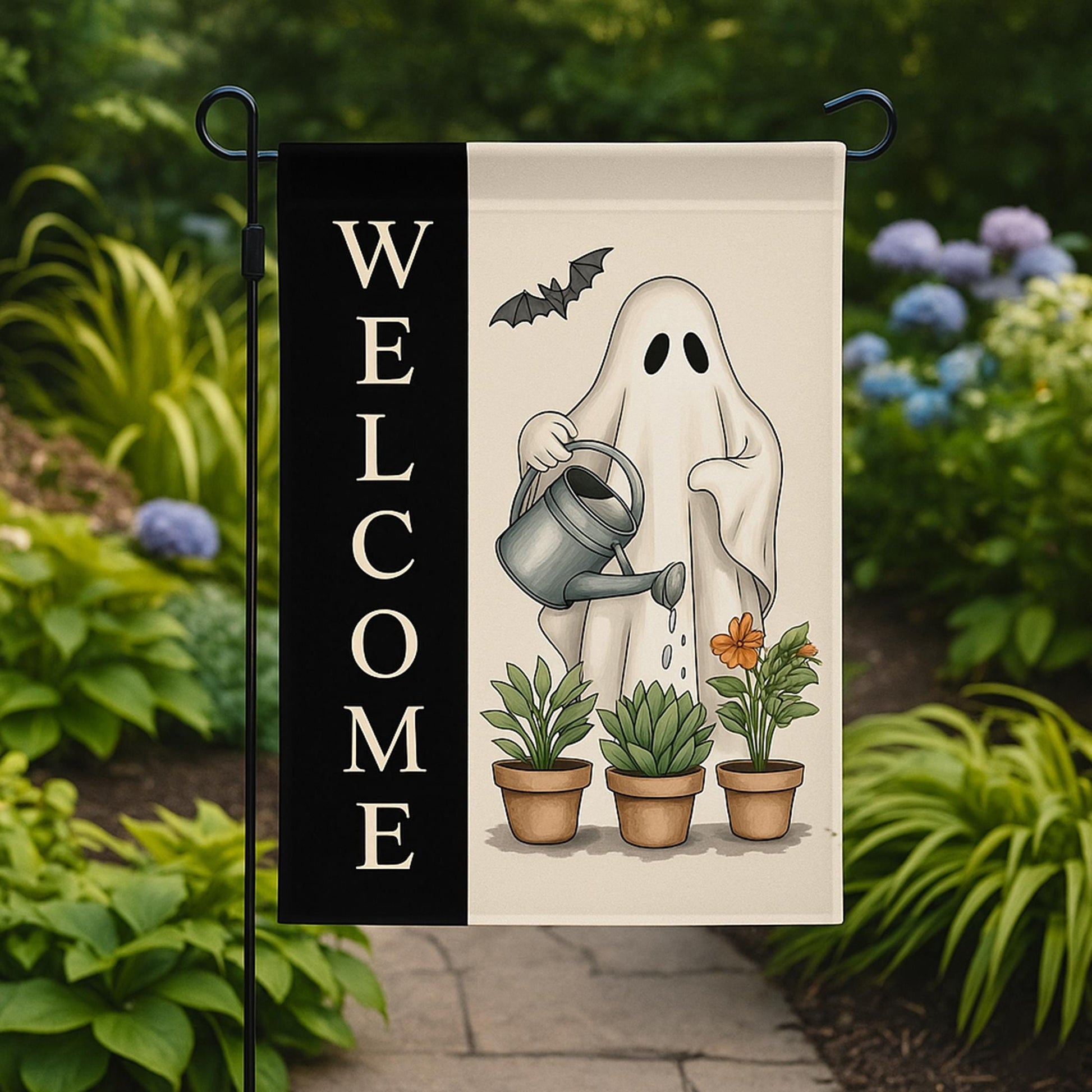 Cute Ghost Garden Flag – Halloween Welcome Yard Sign – Fall Ghost Watering Plants Outdoor Decor – Spooky Funny House Flag