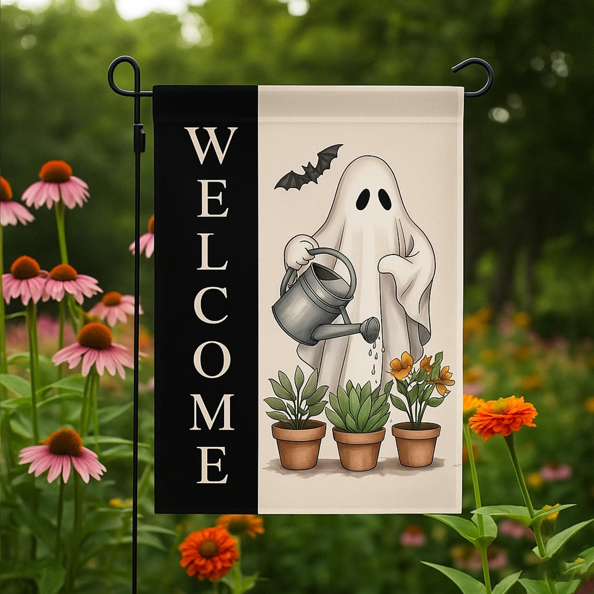 Cute Ghost Garden Flag – Halloween Welcome Yard Sign – Fall Ghost Watering Plants Outdoor Decor – Spooky Funny House Flag