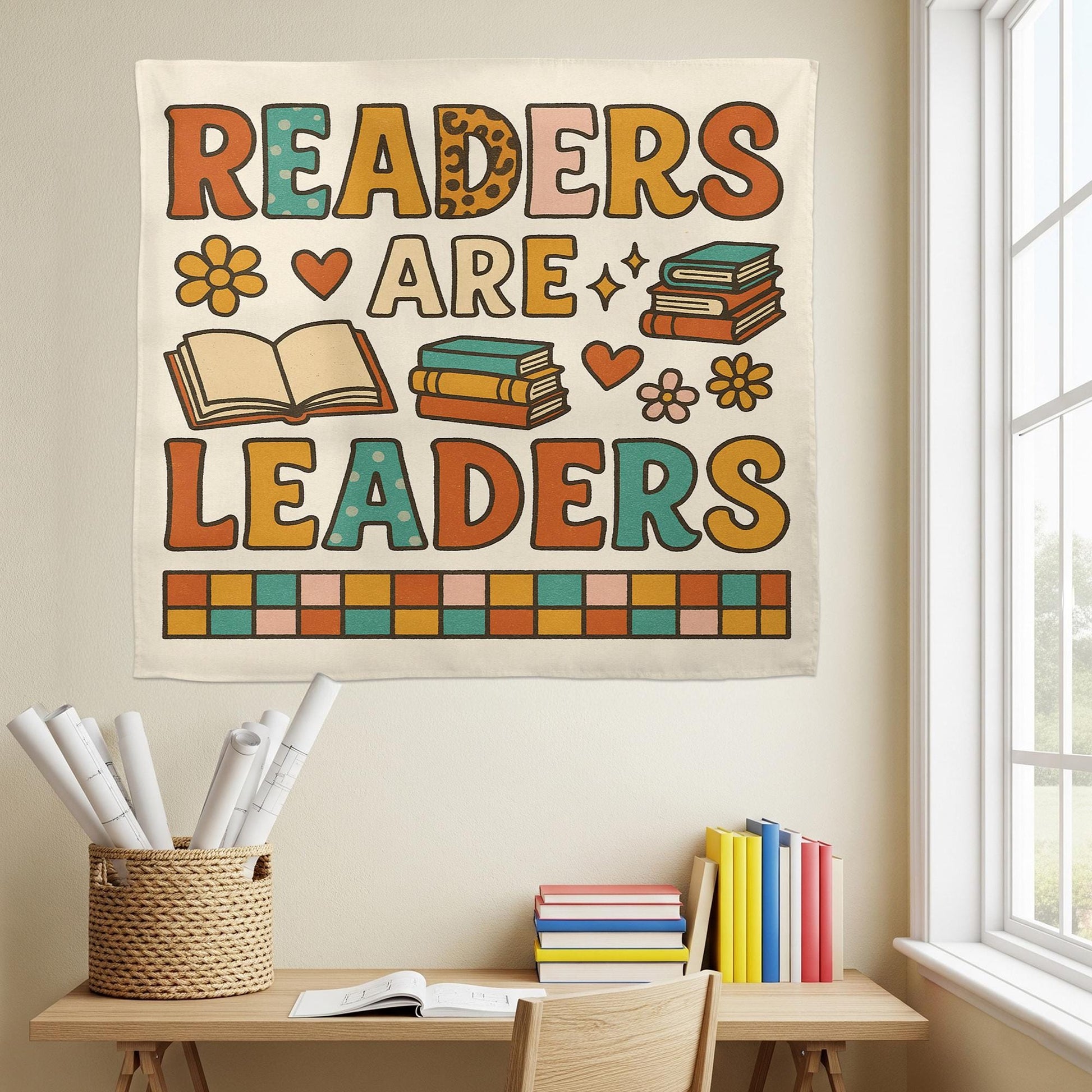 Readers Are Leaders Tapestry, Classroom Reading Wall Decor, Motivational Banner for Kids, Library Teacher Book Corner Sign, Back To School