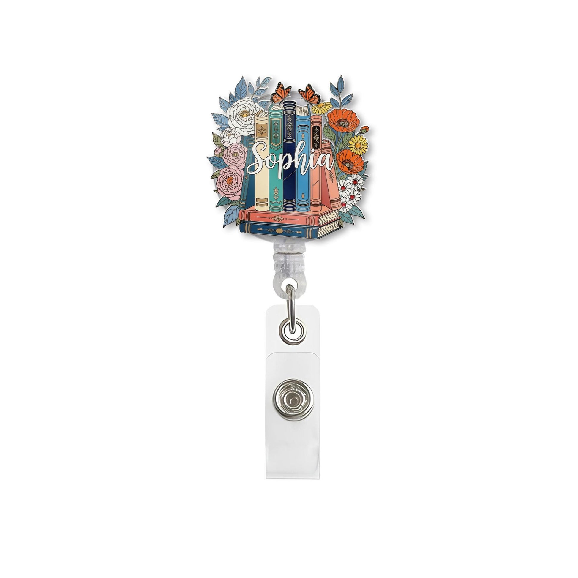 Floral Book Badge Reel, Custom Teacher Name ID Holder, Personalized Librarian Gift, Cute Retractable Badge Clip for Teacher