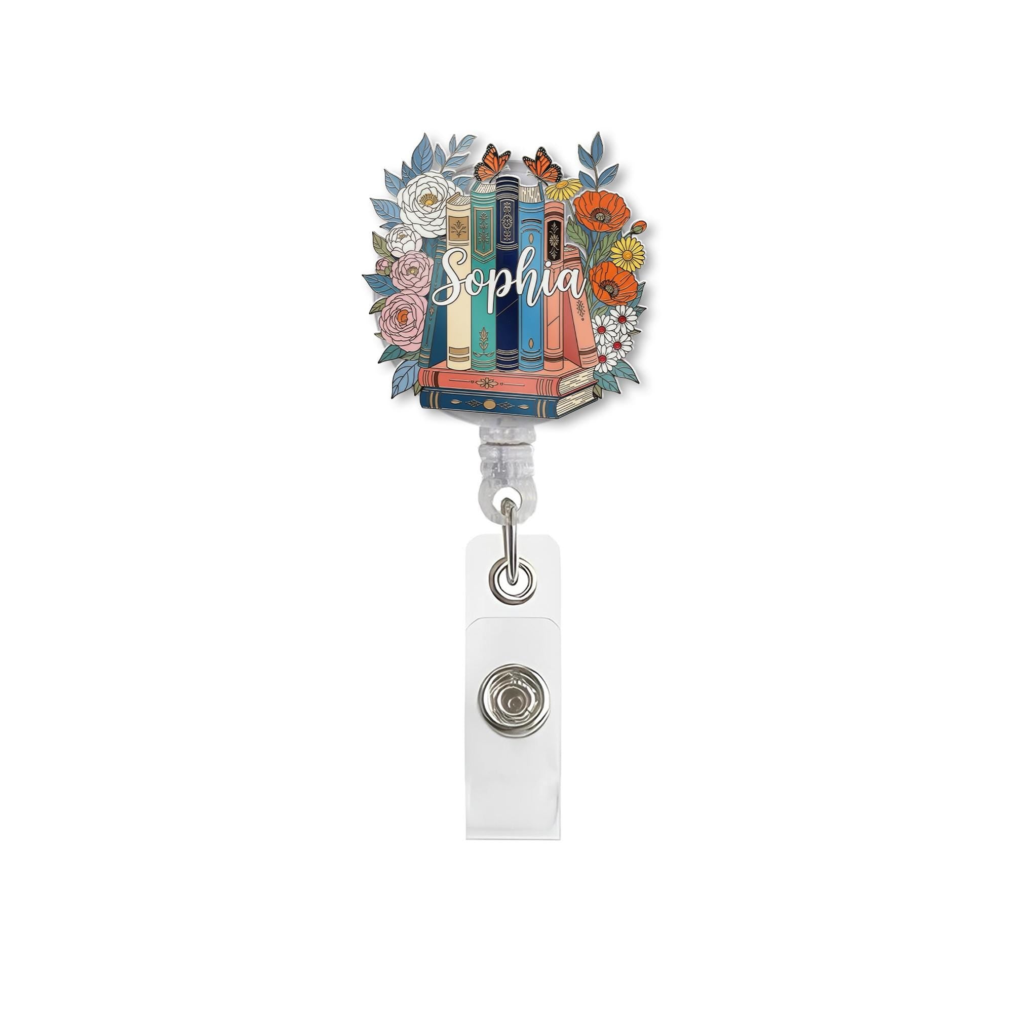 Floral Book Badge Reel, Custom Teacher Name ID Holder, Personalized Librarian Gift, Cute Retractable Badge Clip for Teacher