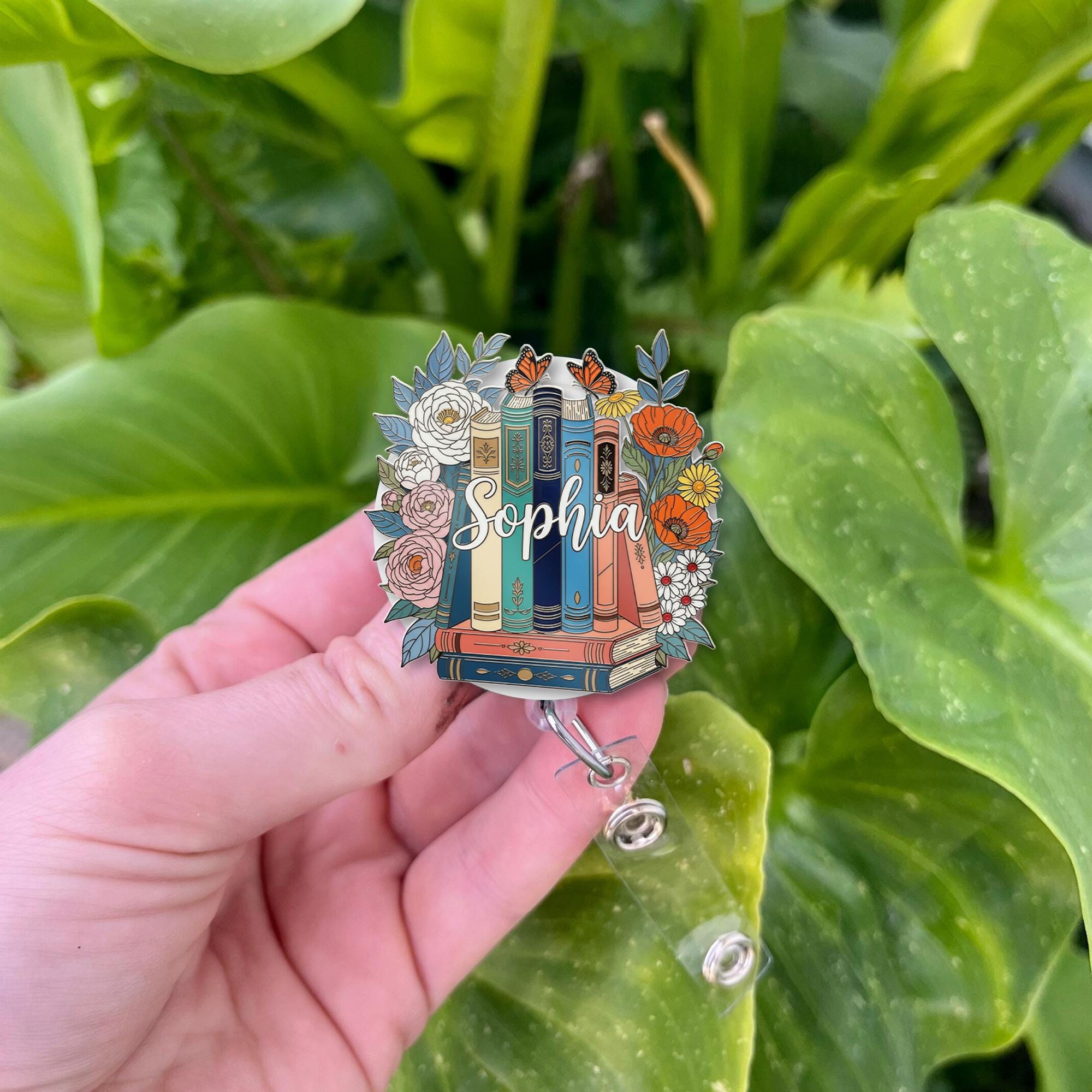 Floral Book Badge Reel, Custom Teacher Name ID Holder, Personalized Librarian Gift, Cute Retractable Badge Clip for Teacher
