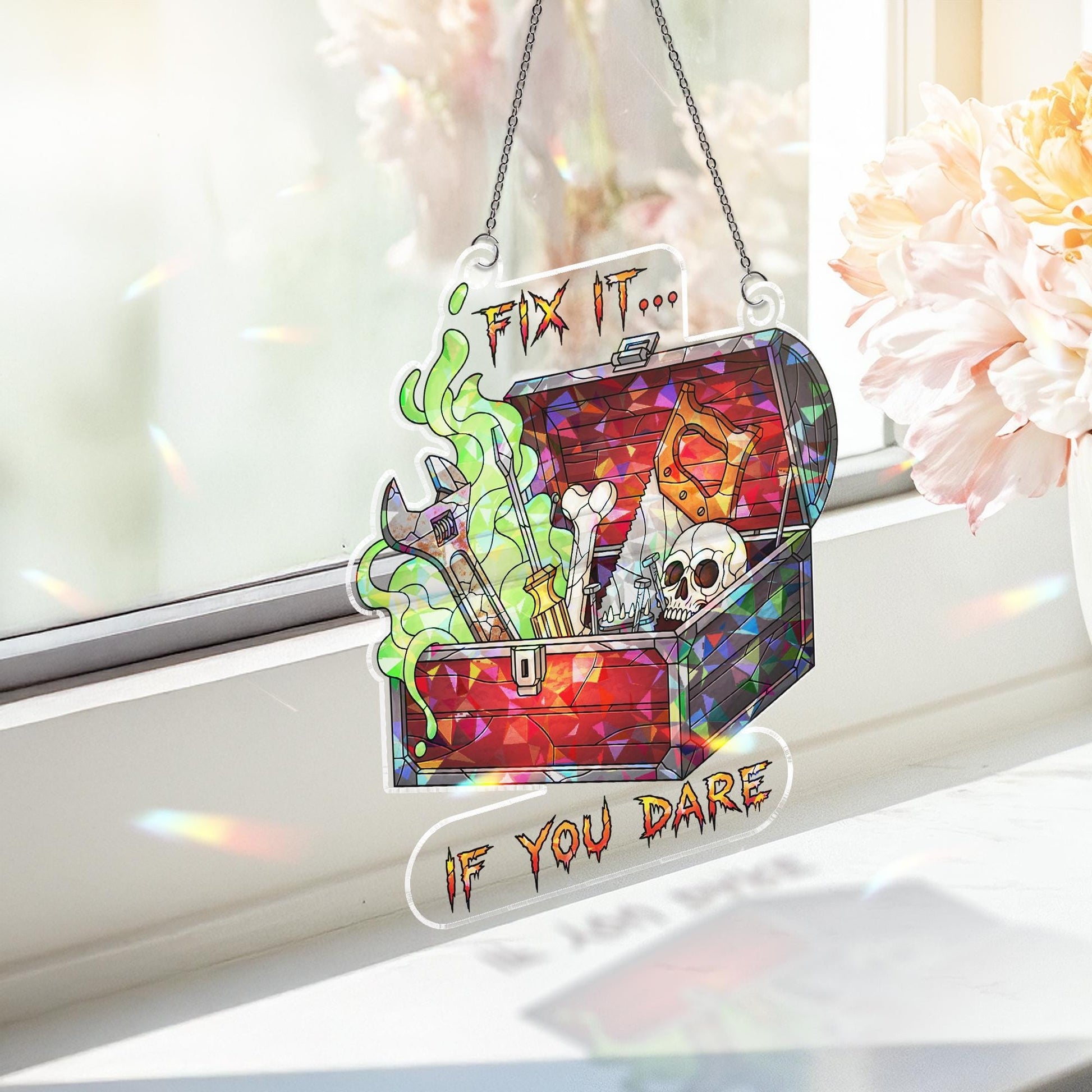 Halloween Toolbox Suncatcher - Fix It If You Dare Creepy Tool Chest Decor - Gothic Workshop Gift