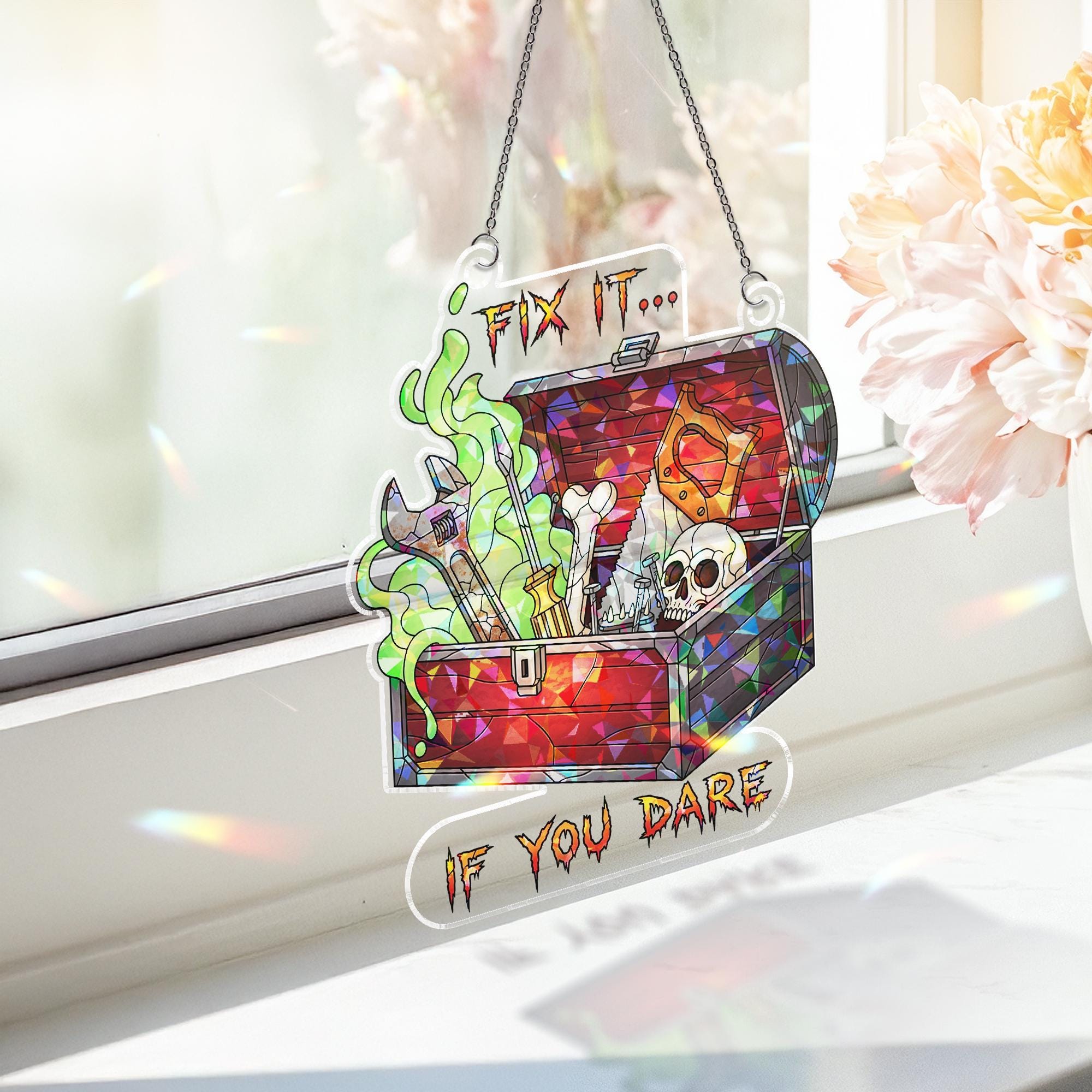 Halloween Toolbox Suncatcher - Fix It If You Dare Creepy Tool Chest Decor - Gothic Workshop Gift