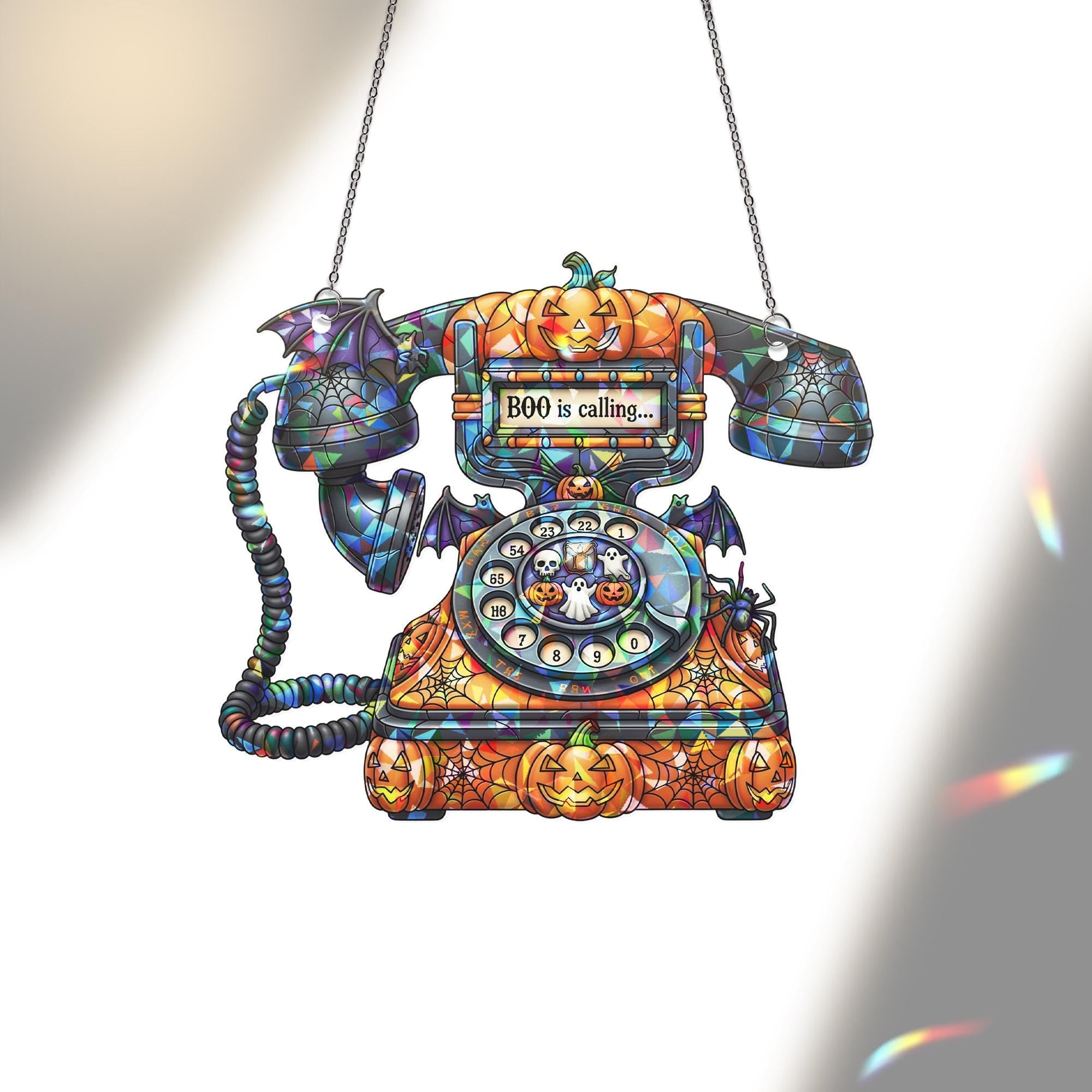 Halloween Phone Suncatcher - Boo Is Calling Retro Spooky Decor - Ghost Pumpkin Window Art