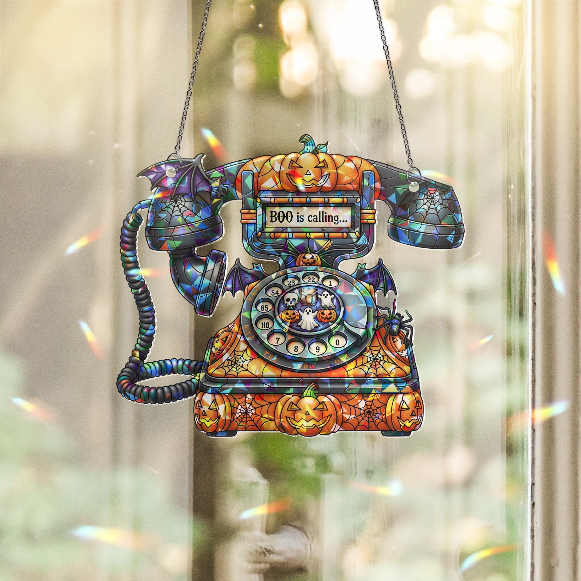 Halloween Phone Suncatcher - Boo Is Calling Retro Spooky Decor - Ghost Pumpkin Window Art