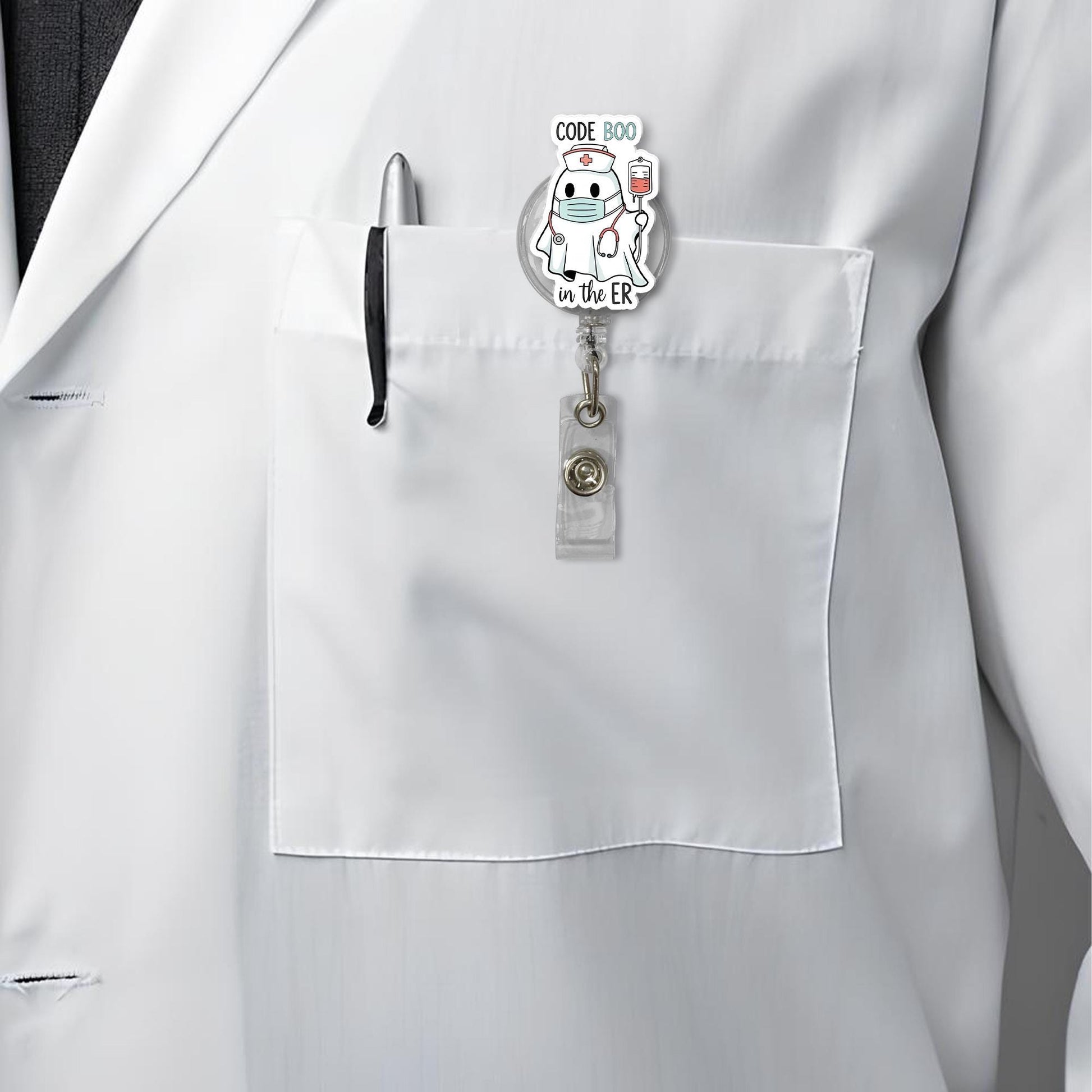 Code Boo ER Nurse Badge Reel - Cute Ghost Halloween Retractable ID Holder, Funny Medical Badge for rn, cna, Doctor, or Hospital Staff