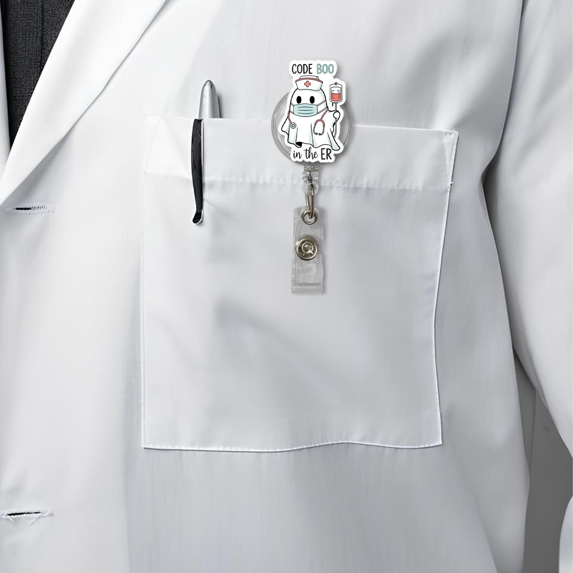 Code Boo ER Nurse Badge Reel - Cute Ghost Halloween Retractable ID Holder, Funny Medical Badge for rn, cna, Doctor, or Hospital Staff