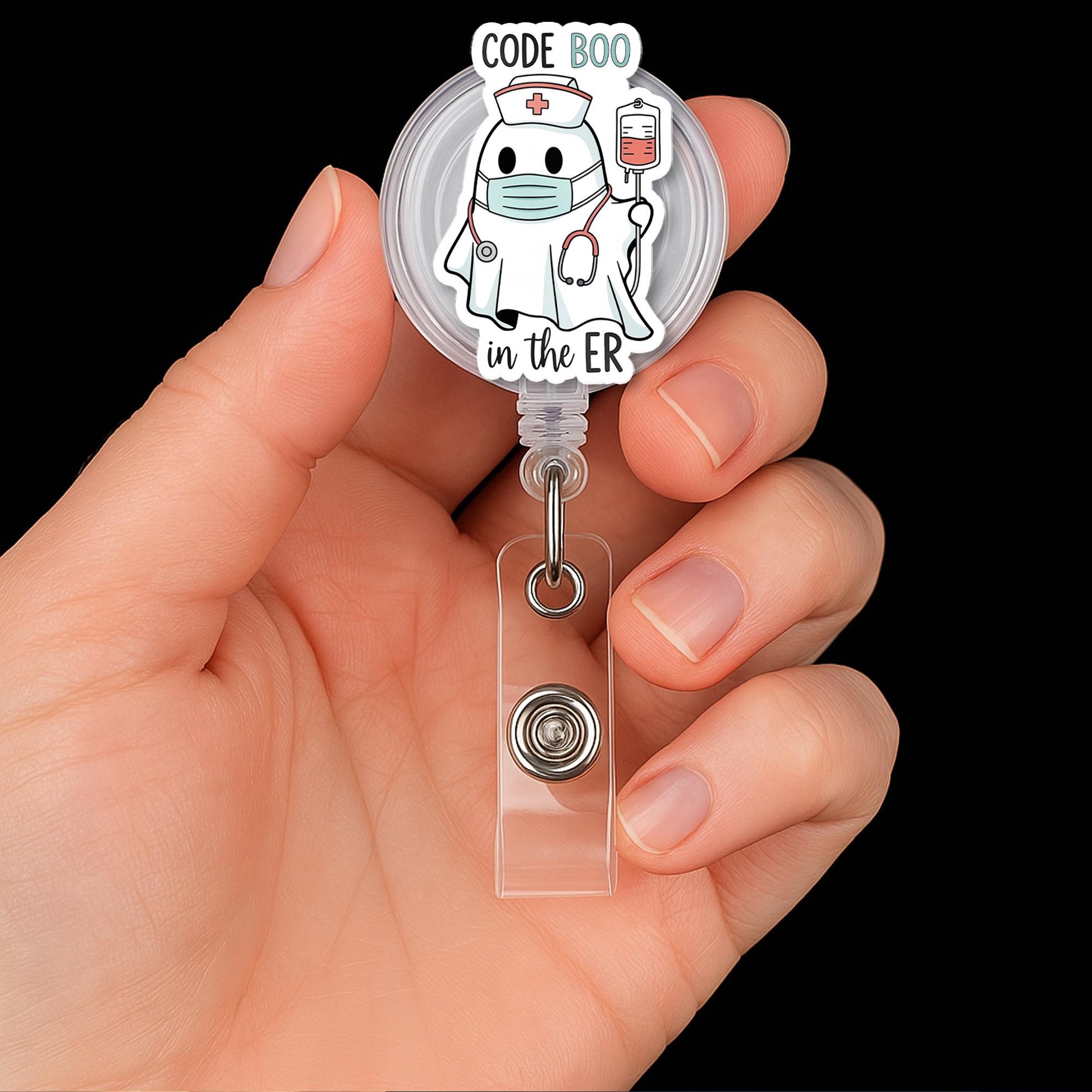 Code Boo ER Nurse Badge Reel - Cute Ghost Halloween Retractable ID Holder, Funny Medical Badge for rn, cna, Doctor, or Hospital Staff