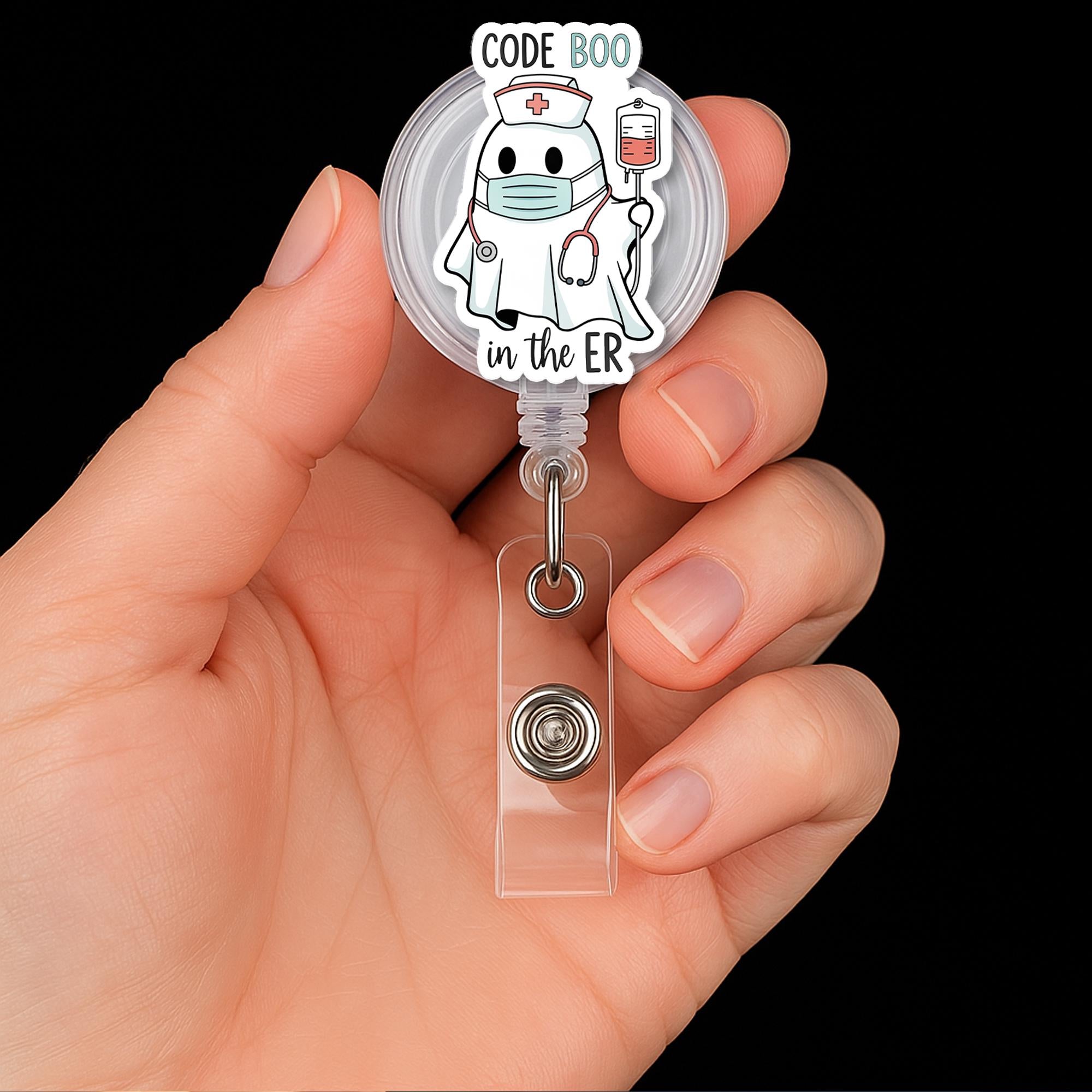 Code Boo ER Nurse Badge Reel - Cute Ghost Halloween Retractable ID Holder, Funny Medical Badge for rn, cna, Doctor, or Hospital Staff