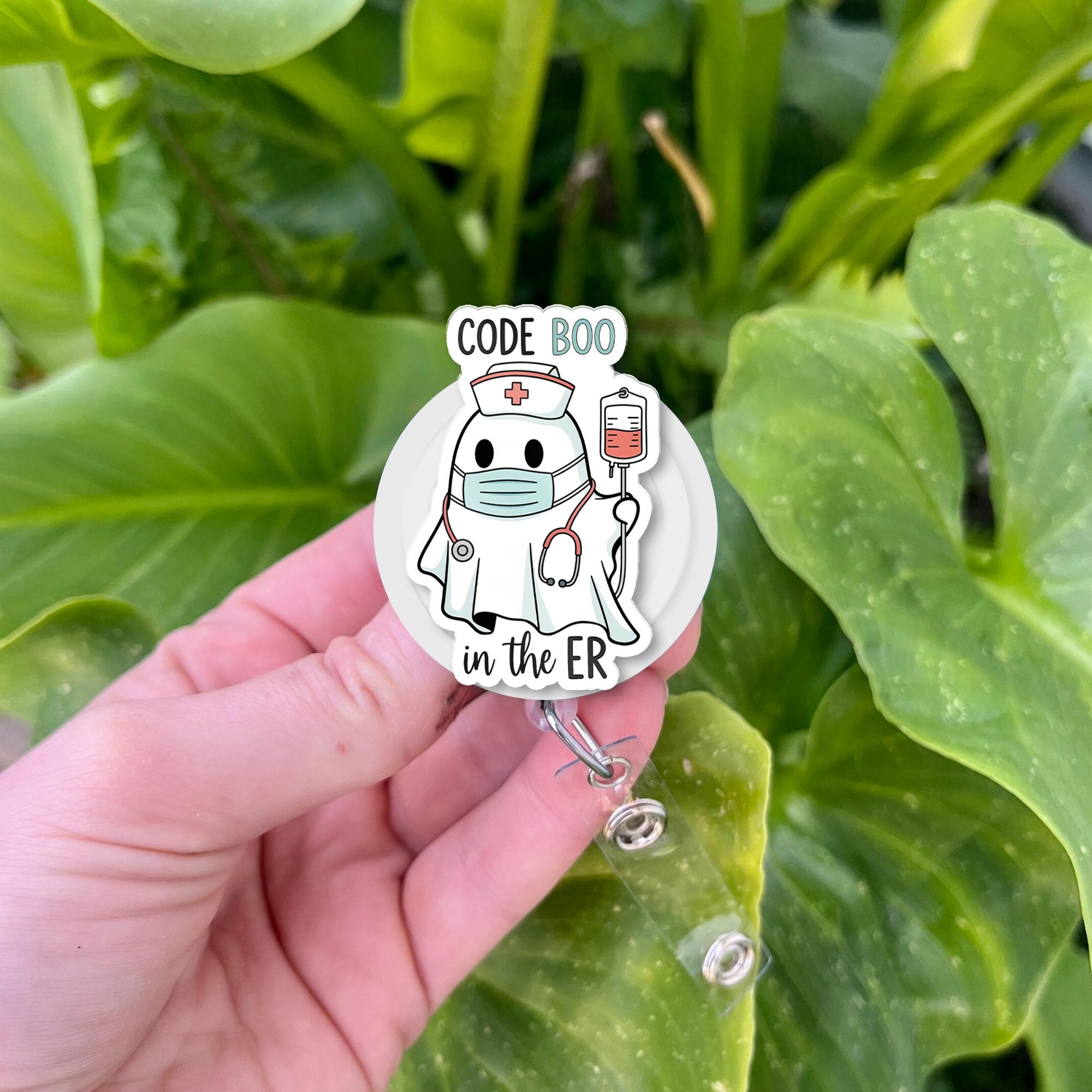 Code Boo ER Nurse Badge Reel - Cute Ghost Halloween Retractable ID Holder, Funny Medical Badge for rn, cna, Doctor, or Hospital Staff